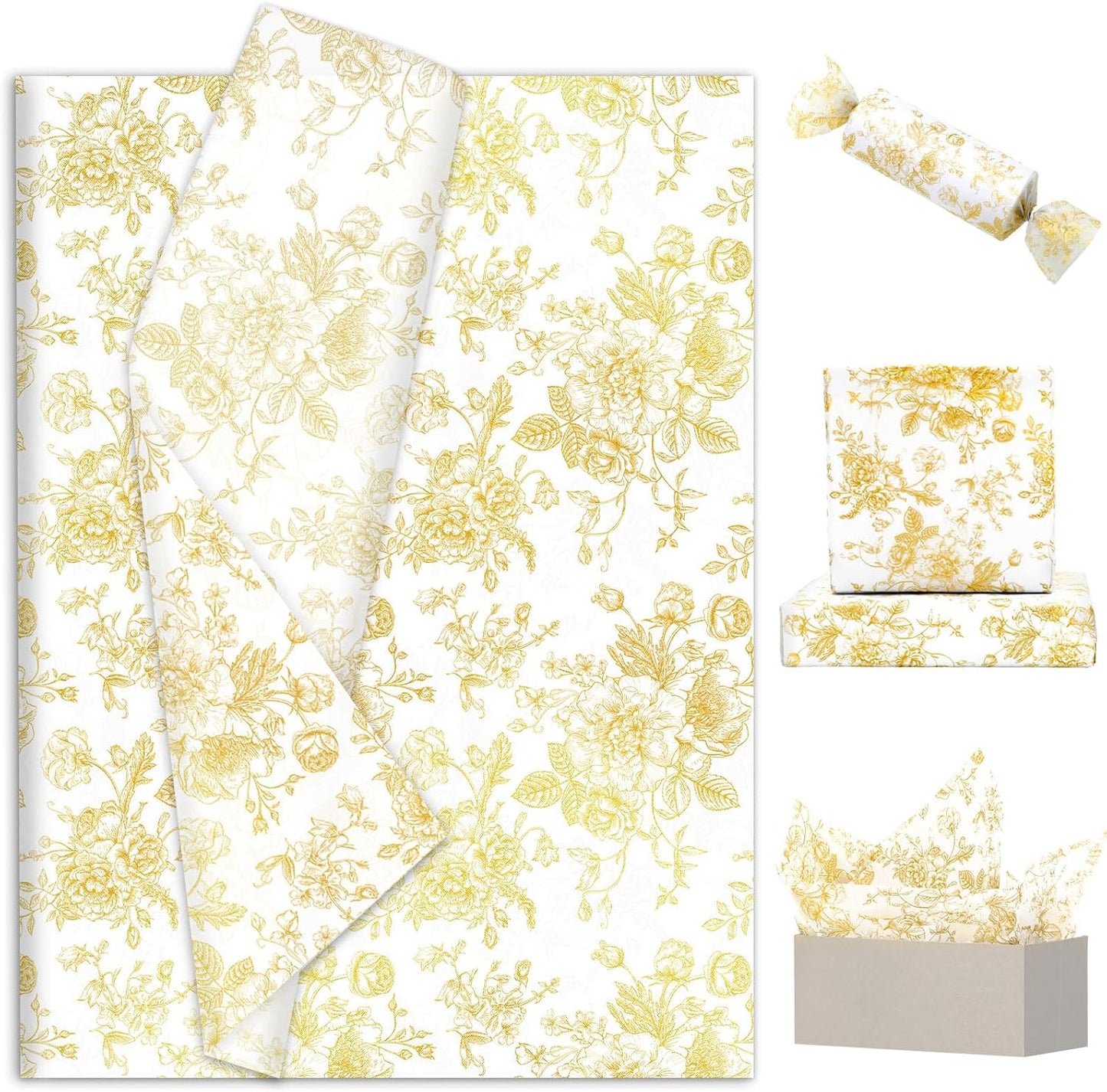 JarThenaAMCS 100 Sheets Floral Tissue Paper Gold Flower Gift Wrapping Paper Vintage Decorative Art Paper for Home Party DIY Crafts Supplies, 14 x 20 Inch