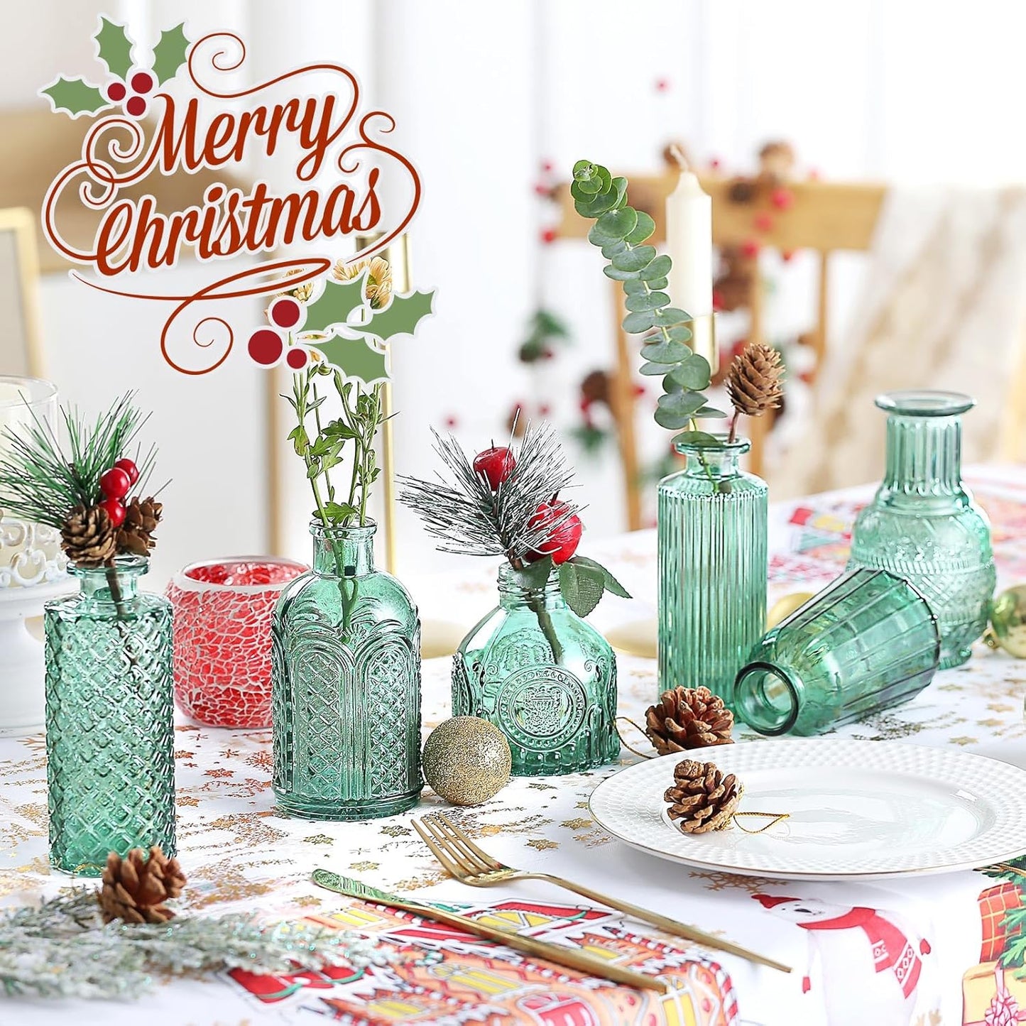 Bud Vases in Bulk 15 Pcs,Small Glass Vases for Flowers as Wedding Centerpieces for Tables,Clear Flower Vases Suitble for Wedding Decorations,Christmas,Anniversary,Birthday Party (Dark Green)