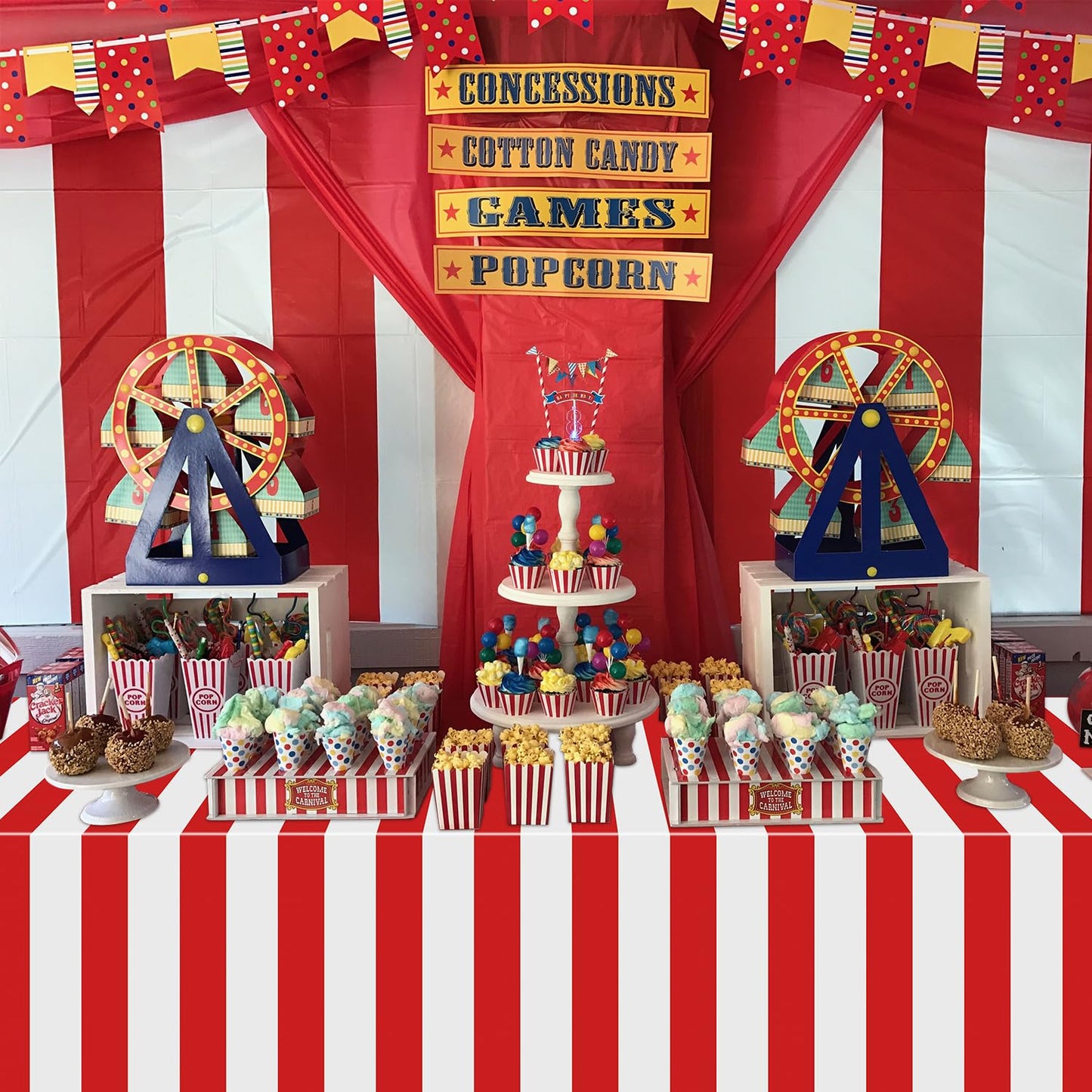 4 Pcs Carnival Tablecloths, Red and White Stripe Tablecloths, Red Plastic Table Cover, Circus Theme