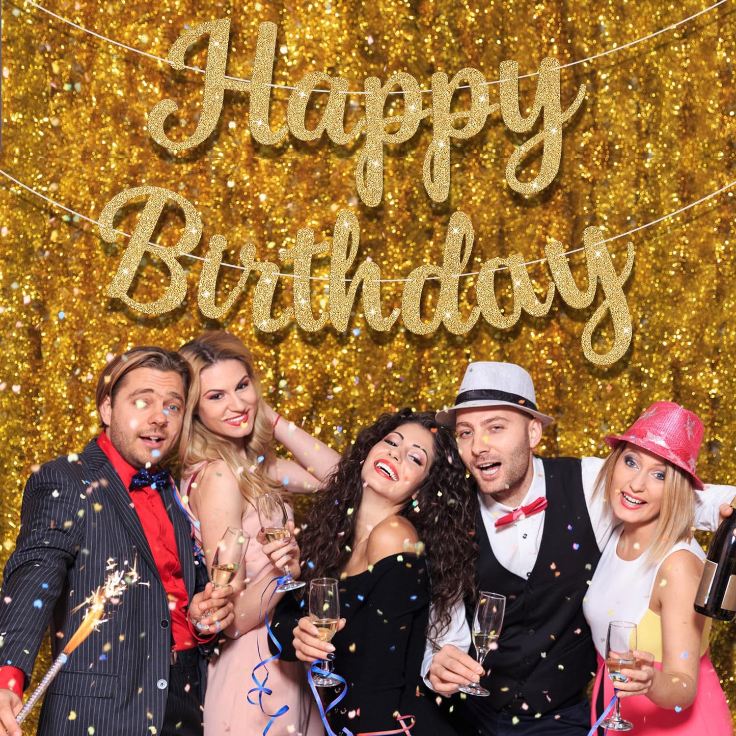 JHZMCRX Glitter Happy Birthday Banner Sign Birthday Garland Wall Door Banners Flag for Women Men