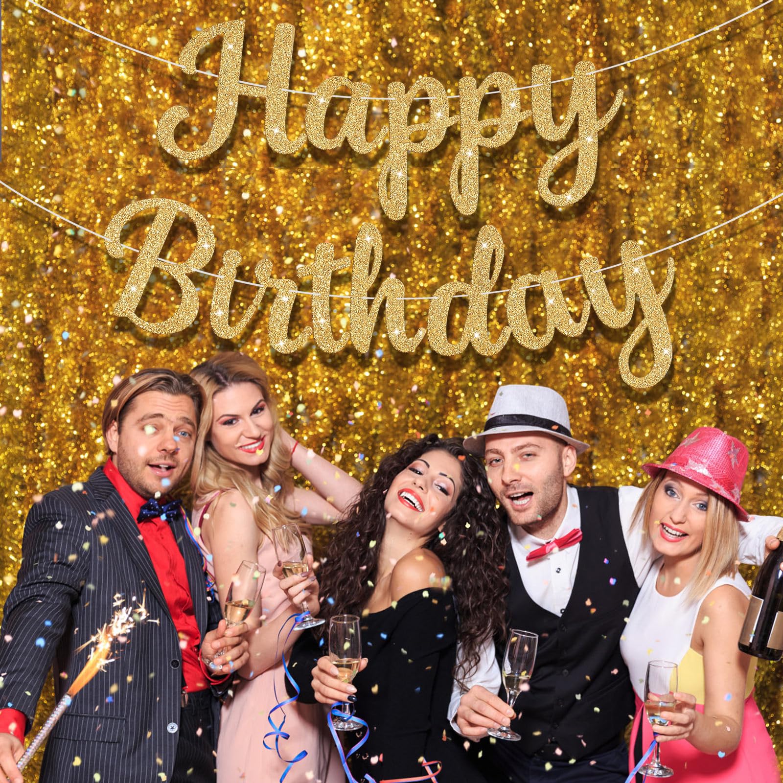 JHZMCRX Glitter Happy Birthday Banner Sign Birthday Garland Wall Door Banners Flag for Women Men