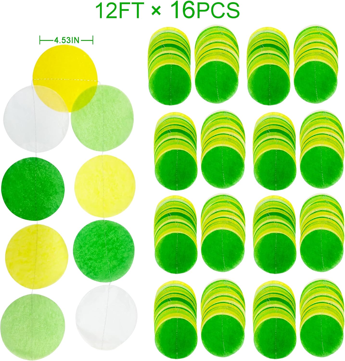 192Ft Yellow and Green Party Decorations Big Circle Dot Backdrop Garland Tissue Paper Polka Dots Hanging Curtain Streamer for Spring Summer Birthday Engagement Wedding Bridal Shower Tea Party Supplies