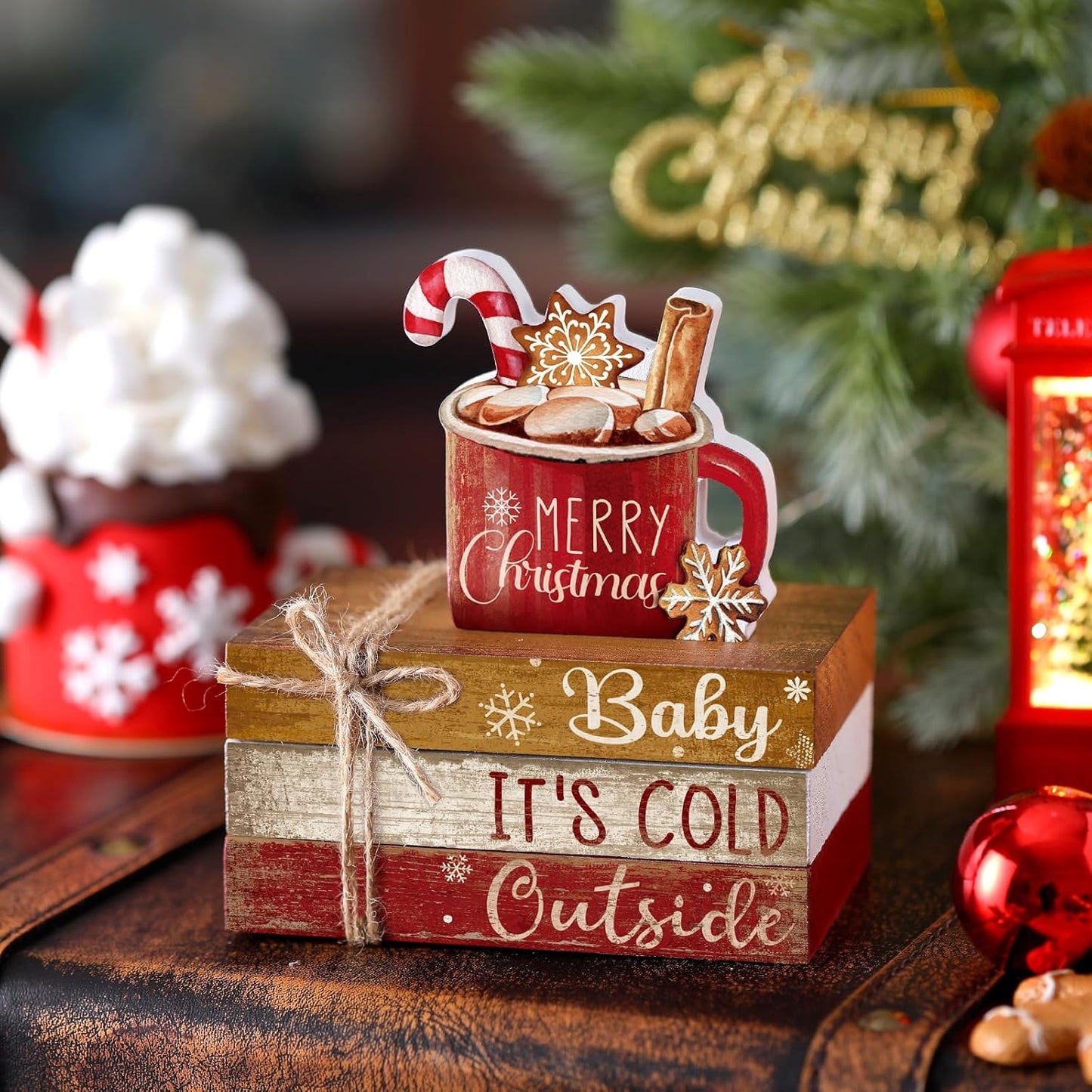 4 Pcs Christmas Table Decor Wooden Hot Cocoa Decoration Christmas Centerpiece Winter Tiered Tray Decor Decorative Red Hot Cocoa Block Signs Gift Farmhouse Xmas Decoration for Home Kitchen