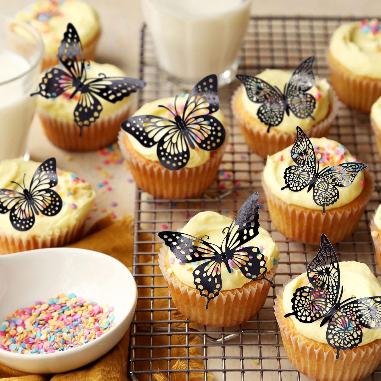Gyufise 36 Pack Black Laser 3D Butterfly Cupcake Toppers Hollow Cake Decorations for Birthday Wedding Fairy Party Wall Sticker Decal