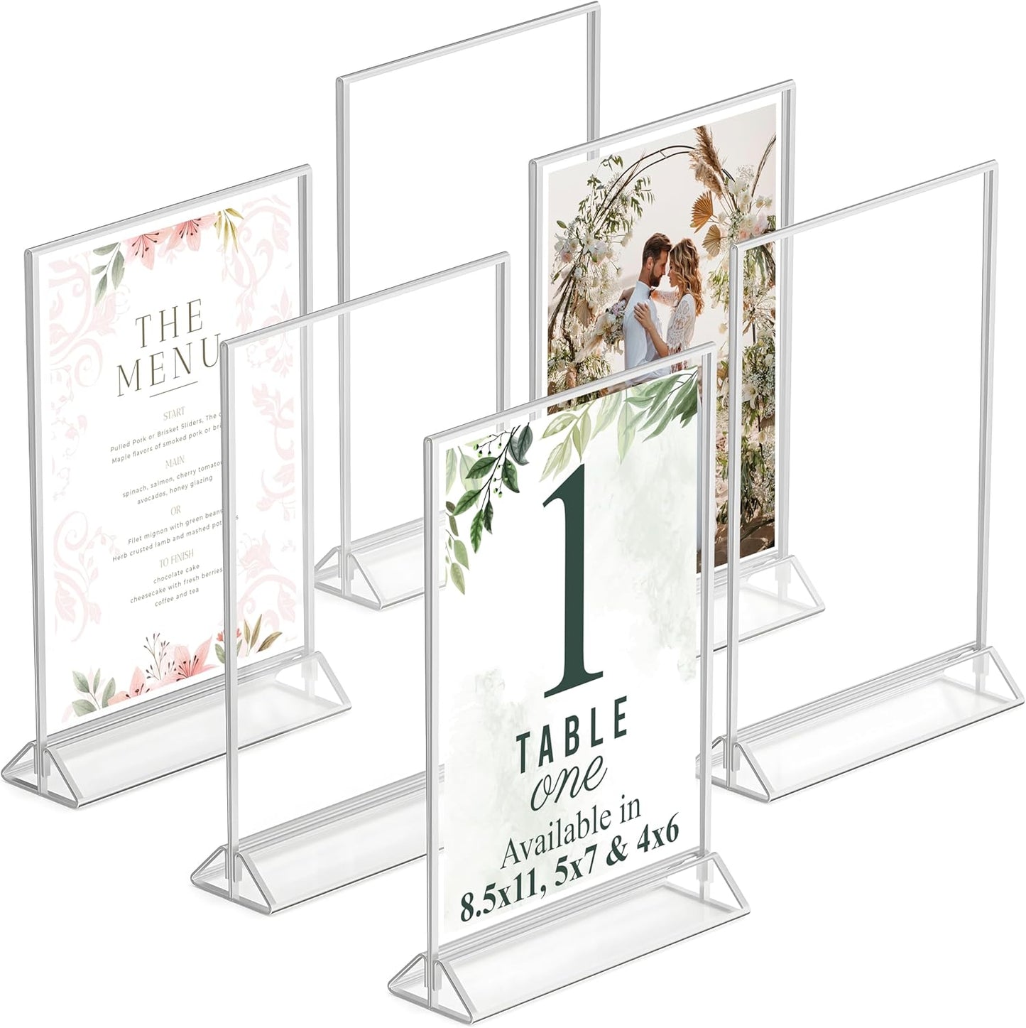 Silver Picture Frames Double-Sided, 6-Pack 5x7 Acrylic Table Number Holders, Clear Easel Stands for Signs, Silver Frames for Wedding Table Numbers, Menu Holders, Photo Displays for Events and Décor