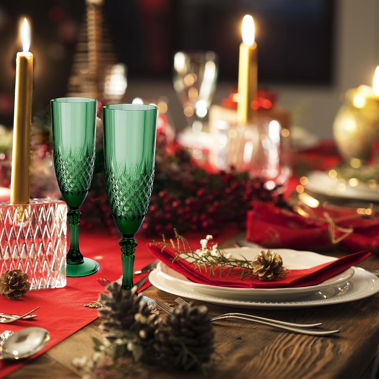 Plastic Champagne Flutes, 48PCS Dark Green Wine Glasses Goblets Cups Reusable Flute, for Christmas Weddings Bachelor Parties Toasting and Events(48, Dark Green)