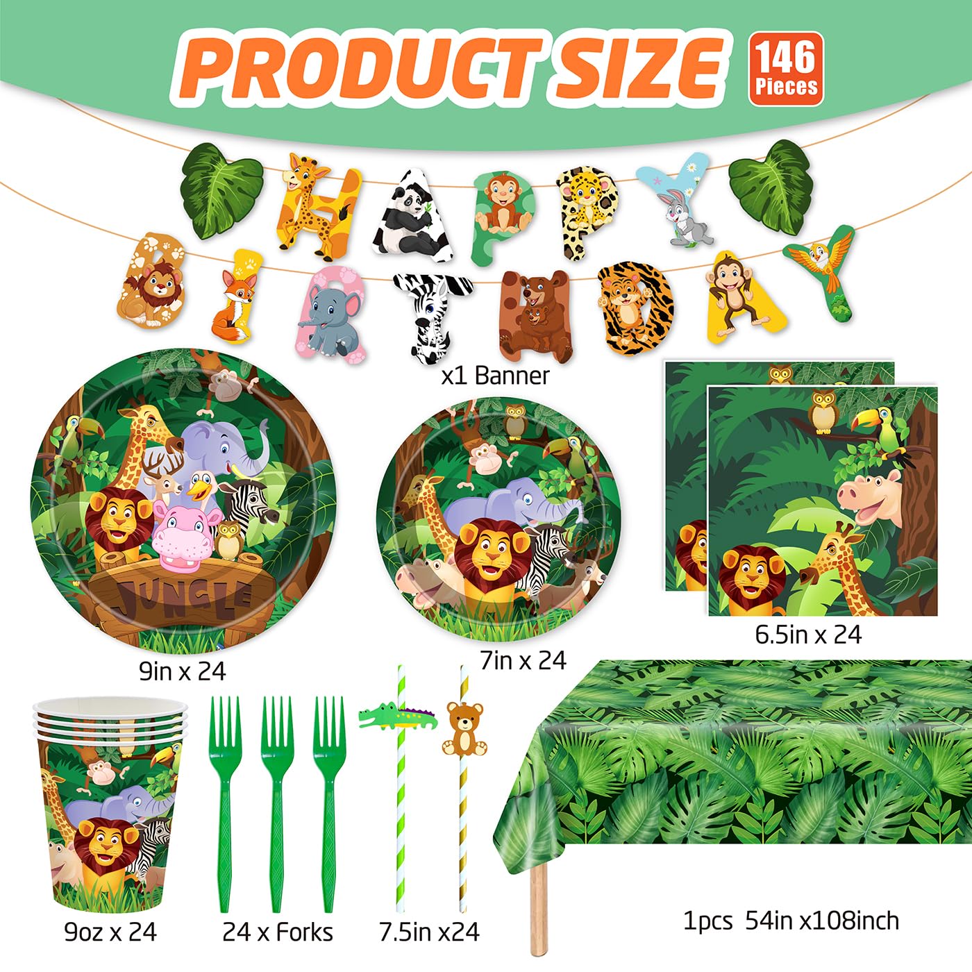 146Pcs Jungle Wild Animal Plates and Napkins Jungle Safari Party Supplies Includes Plates, Napkin