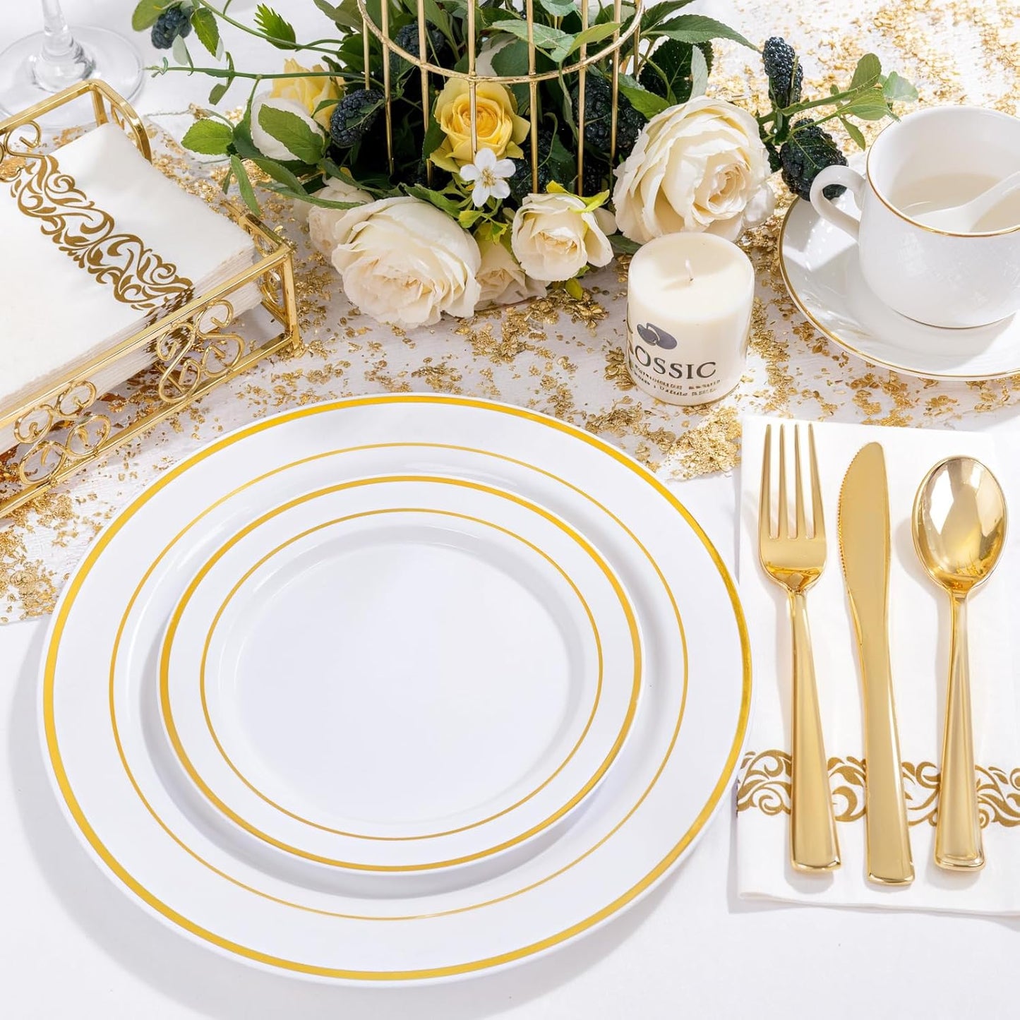 NOCCUR 700PCS Gold Disposable Dinnerware Set for 100 Guests - Plastic Plates for Party - Include 200 Gold Dinner/Dessert Plates, 100 Napkins, 100 Cups, 300 Plastic Silverware - Ideal for Wedding&Party