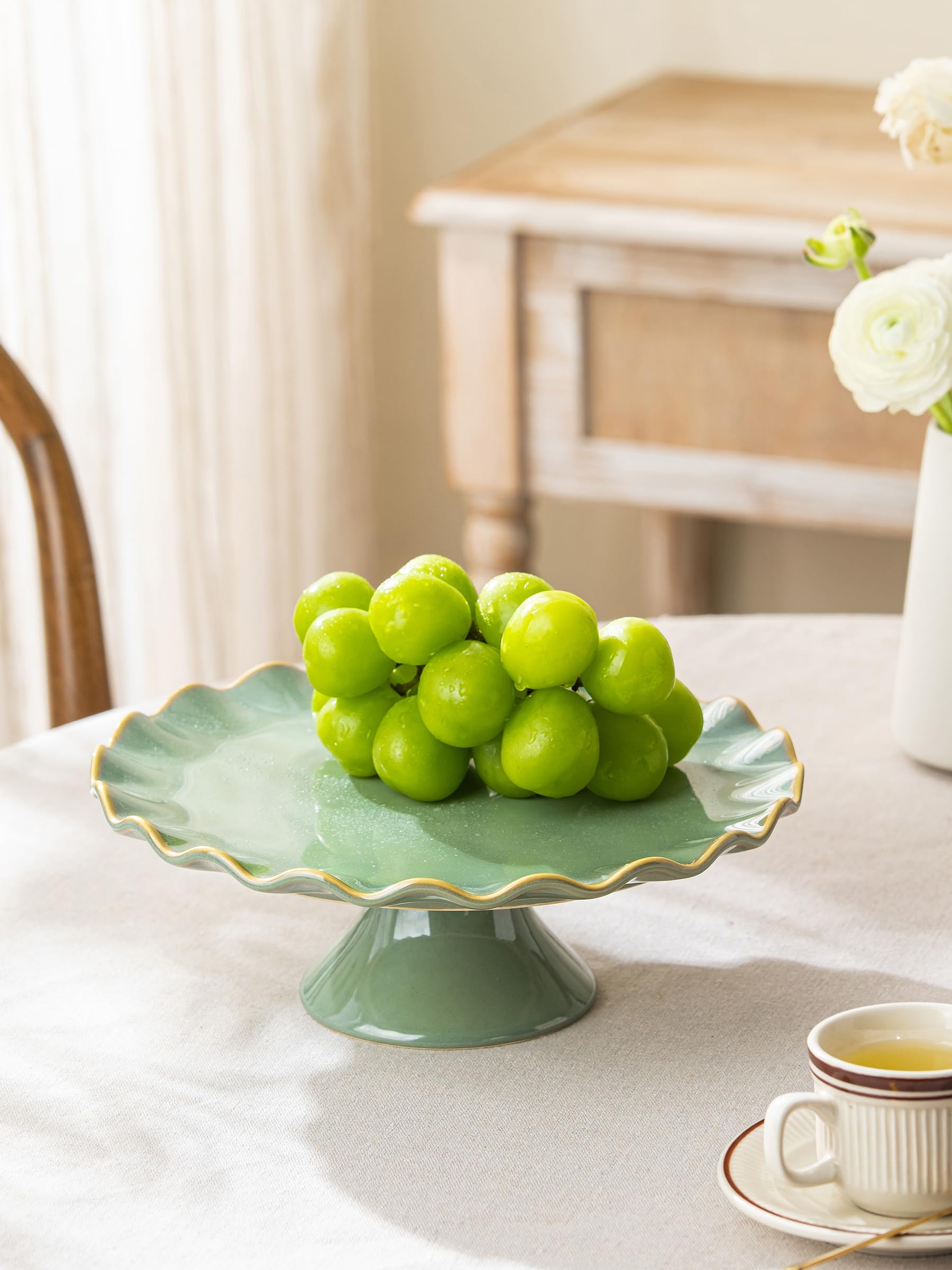 YHOJOY Cake Stand Ceramic, Small Cake Pedestal Stand for 8 Inch Cake, Teal