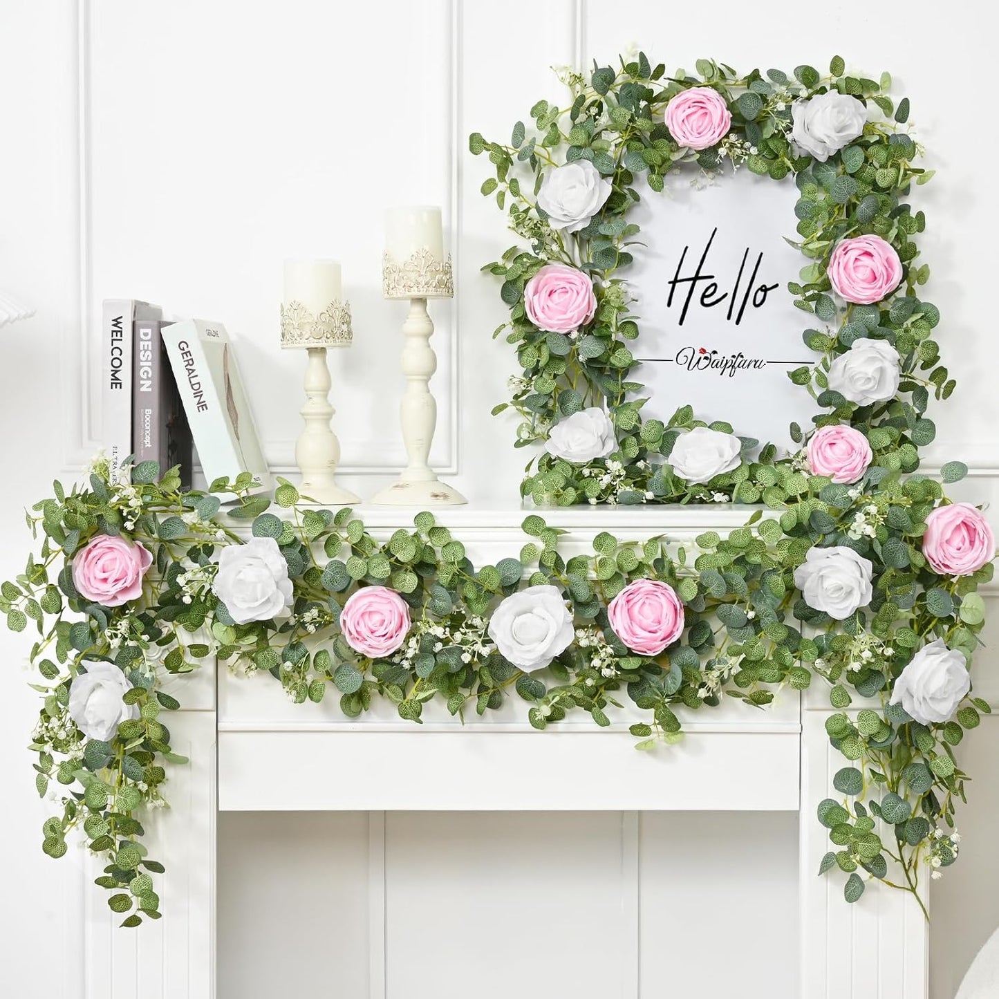 Waipfaru 2Pack 6.07FT Artificial Eucalyptus Garland with Flowers, Fake Rose Gypsophila Floral Garland, Floral Vines for Wedding Table Backdrop Party Centerpiece Room Decor
