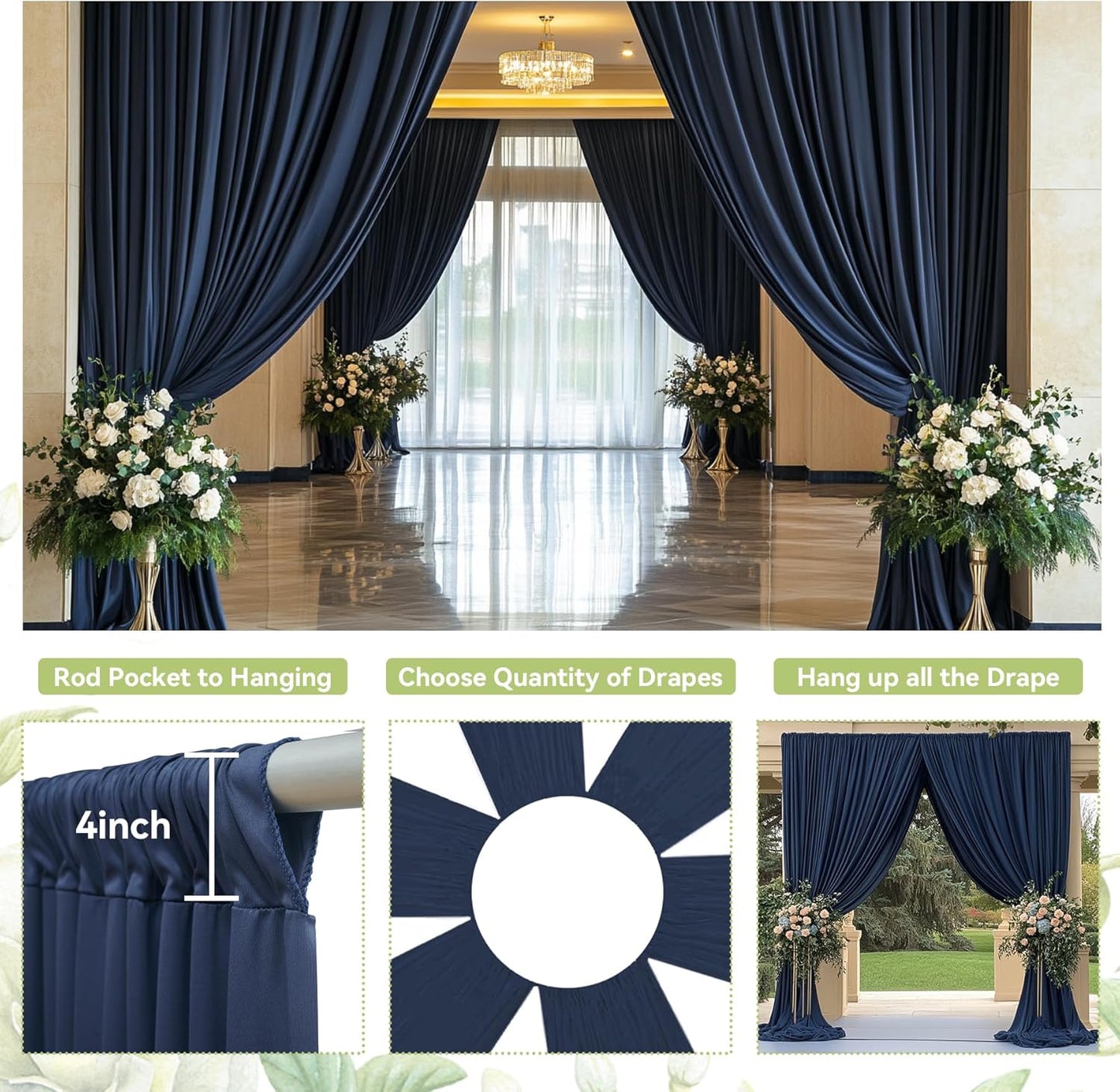 PartyVillage 20ft×15ft Navy Blue Backdrop Curtain for Wedding Parties, 4 Panels Wrinkle Free 15 FT Long Polyester Photo Backdrop Drapes Back Drop Cloth for Birthday Photography Background