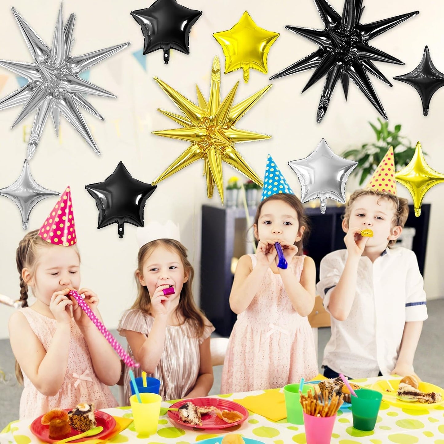 Black Gold Silver Star Balloon,16Pcs Star Foil Balloons Set with 22Inch Explosion Spike Cone Balloons and 10Inch Quadrangle Helium Balloon for Birthday Wedding Baby Shower Party Decorations