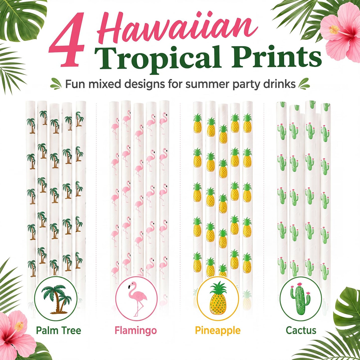 ALINK 100 Pack Tropical Paper Straws - 7.75" Biodegradable Hawaii Party Straws with Flamingo
