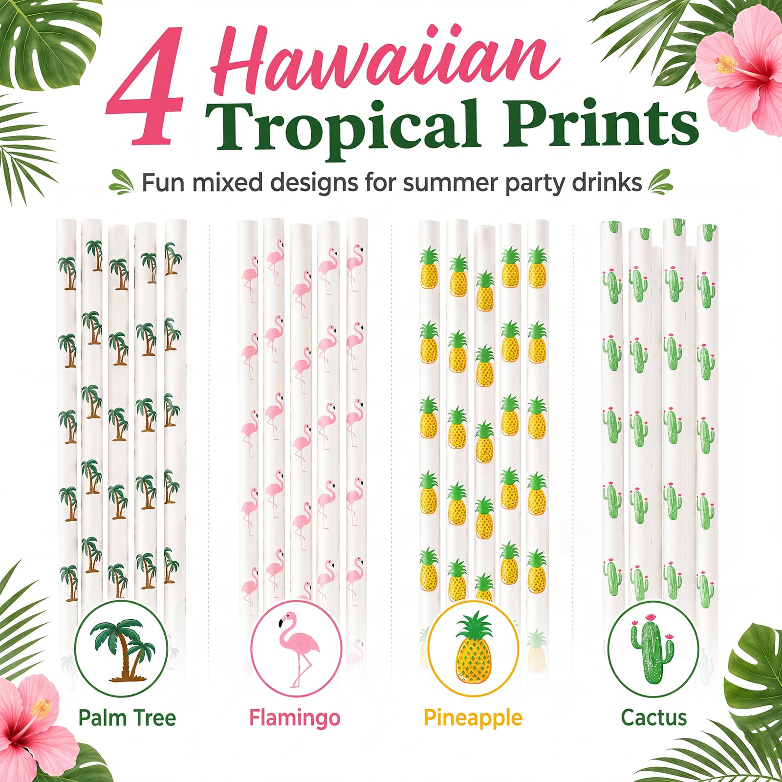 ALINK 100 Pack Tropical Paper Straws - 7.75" Biodegradable Hawaii Party Straws with Flamingo