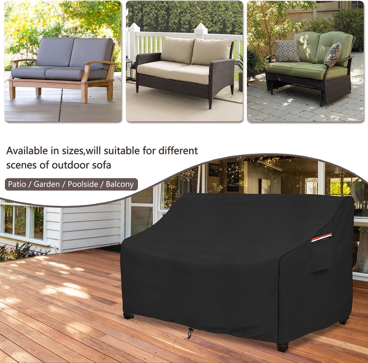 okcool Heavy Duty Patio Sofa Cover, 100% Waterproof 2-Seater Outdoor Sofa Cover Fits up to 58W x 32.5D x 31H Inches, Lawn Patio Furniture Covers,Black