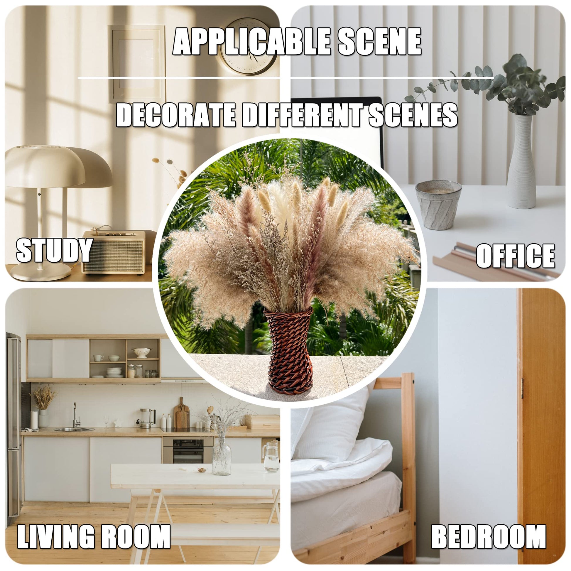 100Pcs Pampas Grass Boho Home Decor 17 inch Natural Dried Flowers-Pampas Grass Contains Bunny Tails