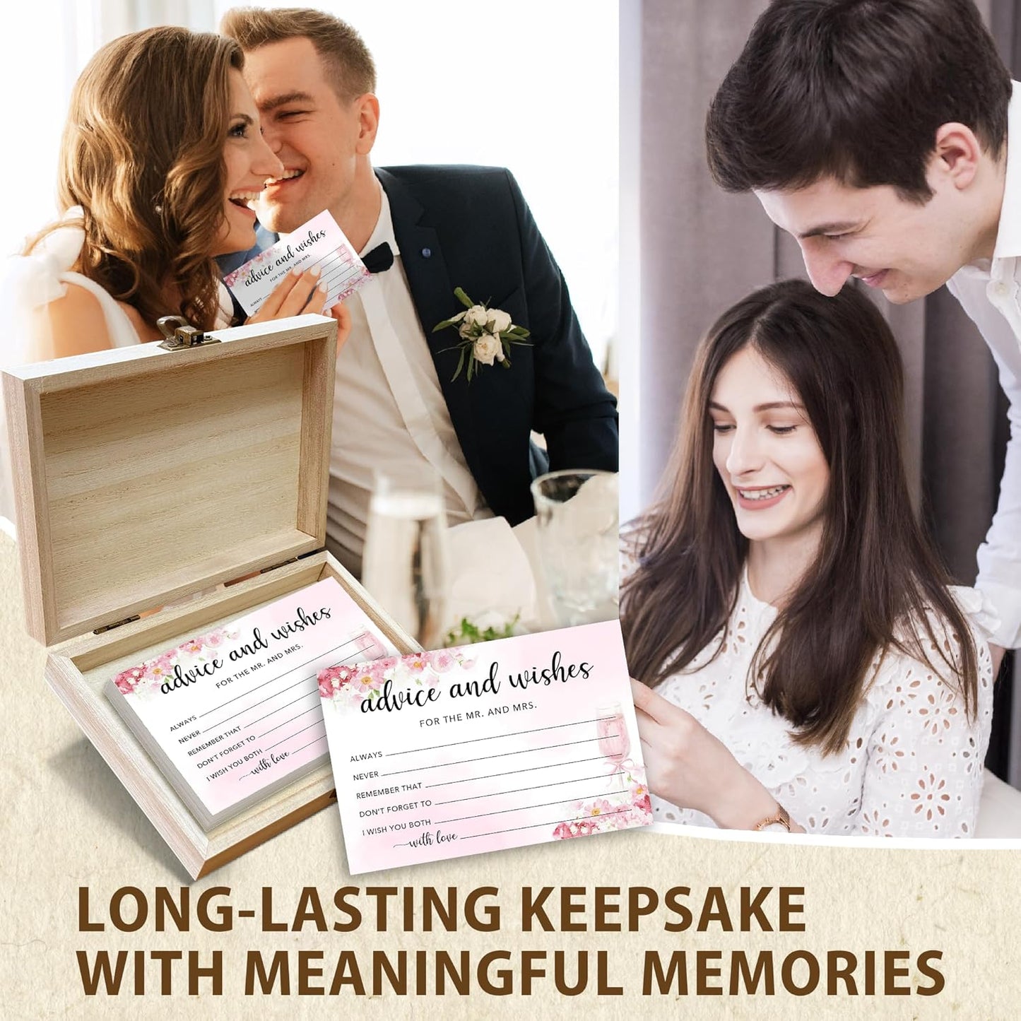 50 Pcs Advice and Wishes for the Mr and Mrs Cards in Box - Bridal Shower Guest Book - Perfect for Newlywed Games, Reception Decor, Engagement Parties & Anniversary Wishes(Champagne) - B02