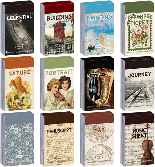 12 Sets 600 Sheets Washi Stickers for Journaling, Map Nature Celestial Portrait Boho Stickers Vintage Aesthetic Scrapbook Sticker Set for Bullet Journal Art Diary Card Craft Gifts Planner Notebook