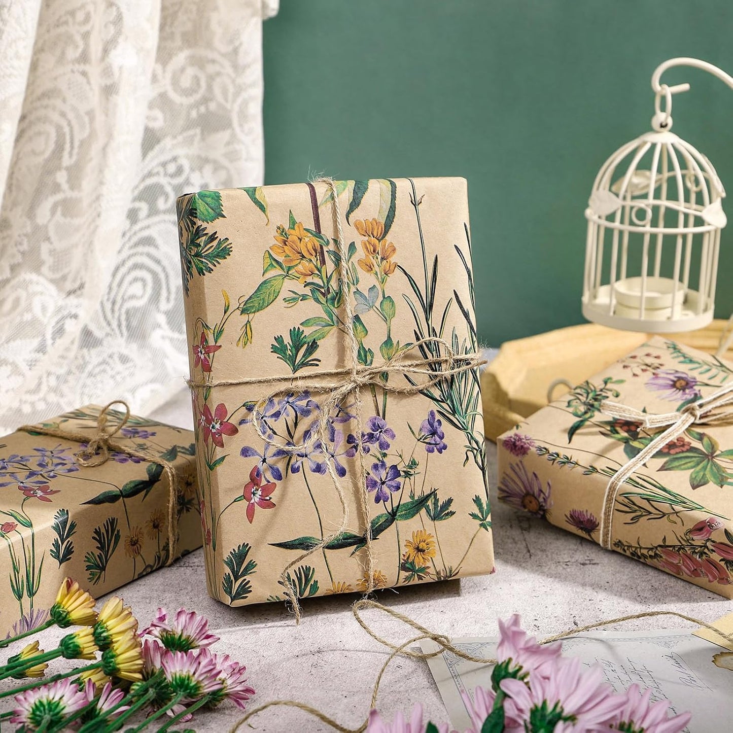 RUSPEPA Wildflower Floral Wrapping Paper Roll for Women, 17 Inches x 9.8 Feet, Mini Roll, Herbal Kraft Wrapping Paper for Christian Gifts, Birthdays, Weddings, Bridal Shower and Engagement