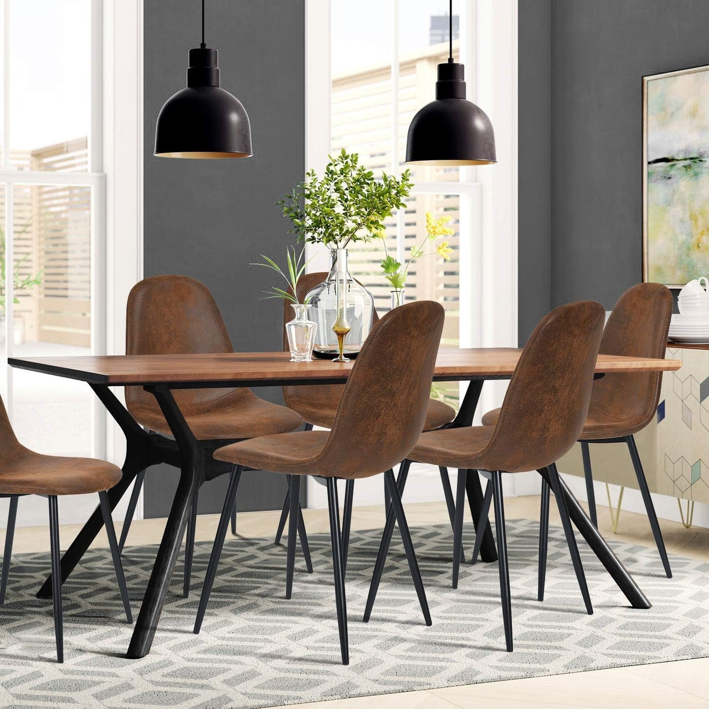 Homy Casa Dining Chairs Set of 4, Modern Mid-Century Style Dining Room Side Chairs Accent Chairs with Black Metal Legs Comfortable for Kitchen Lounge Farmhouse, Rustic Brown, 4PCS