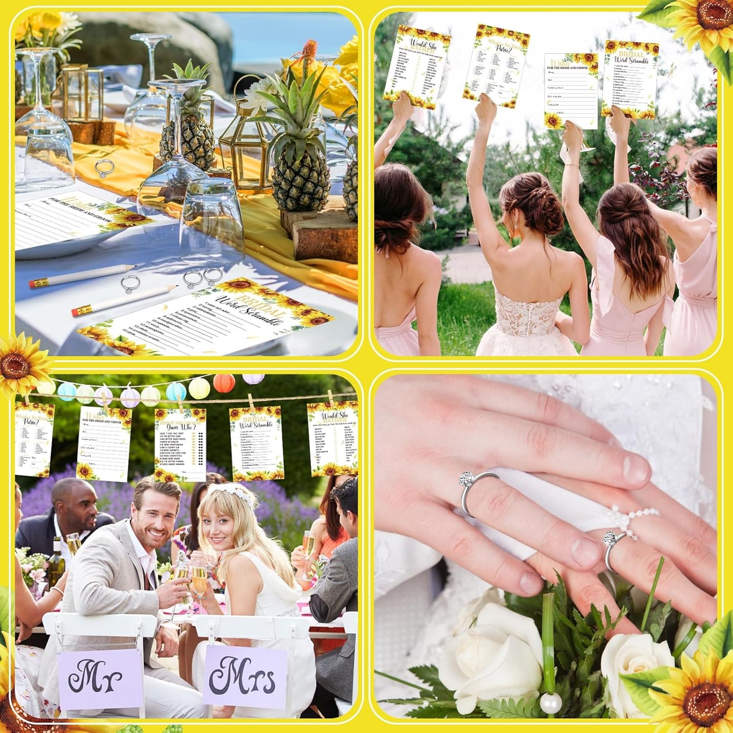 Estune 331 Pcs Bridal Shower Games Supplies, 5 Sets 250 Pcs Wedding Cards 1 Put a Ring on It Bridal Shower Games with 60 Rings and 20 Pencils(Sunflower Style)
