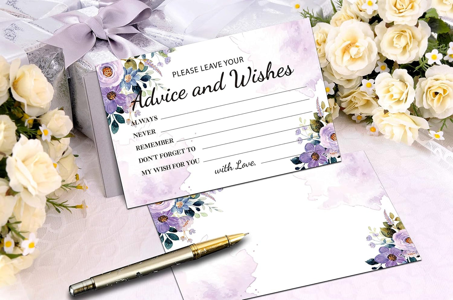 Purple Floral Advice and Wishes Cards, 25 Pcs Watercolor Purple Double Sided Advice Cards for The Bride and Groom, Mr and Mrs, Bride Shower, Wedding Reception, Engagement Party(08)
