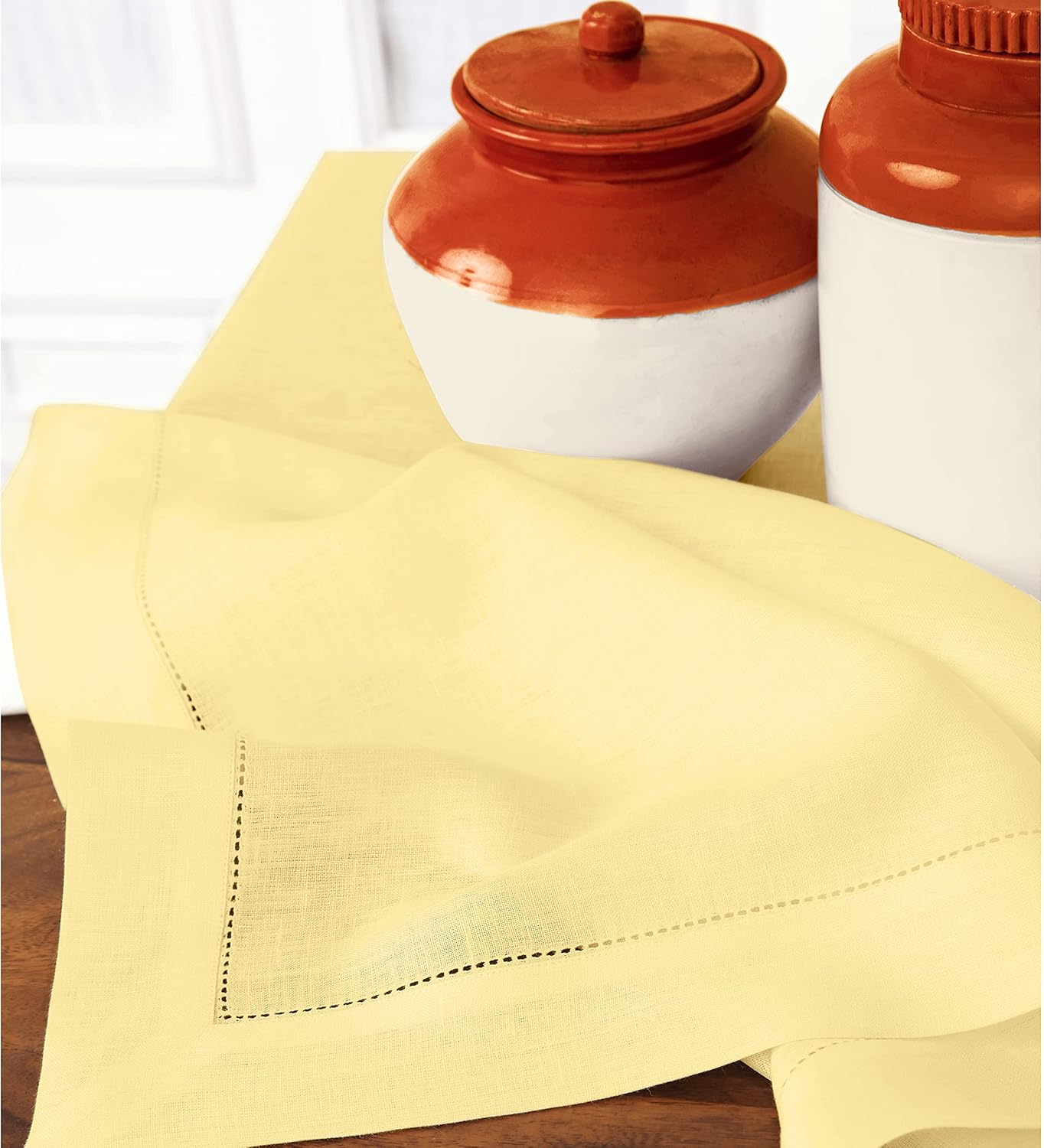 Solino Home Yellow Linen Tablecloth 60 x 90 Inch - Classic Hemstitch, 100% Pure Linen Rectangular Tablecloth - Machine Washable Table Cloth