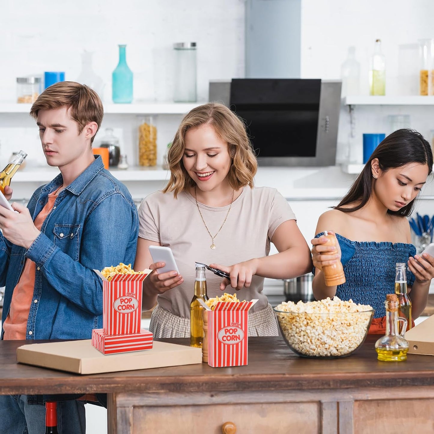 Xinnun 300 Pcs Paper Popcorn Boxes 1 oz Close Top Oil Proof Disposable Popcorn Container 6 x 4 x 2 Inch Stripes Leak Proof Popcorn Boxes for Party Movie Party Theater Night Birthday (Red)