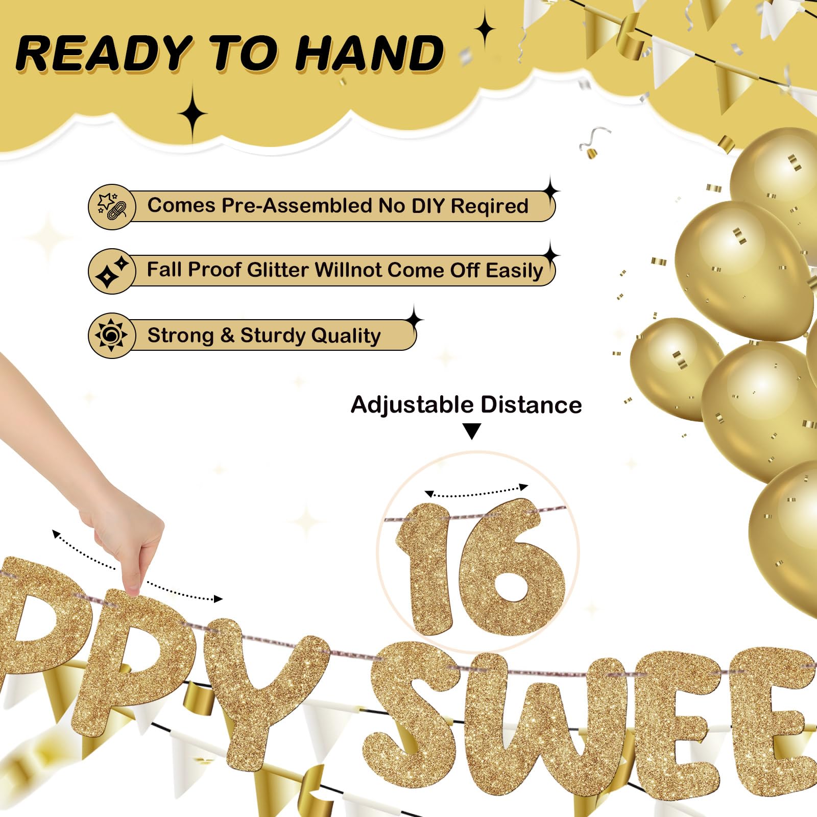 Fulmoon Happy Sweet 16 Banner Sixteenth Birthday,Champagne Gold