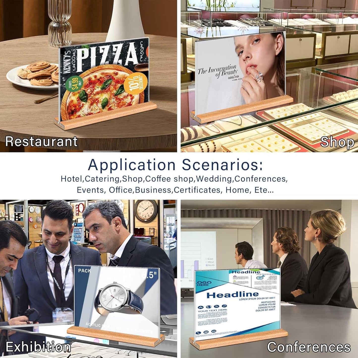 Kersally Acrylic Sign Holder 7 x 5'',6 Pack Double-Sided Clear Table Display Stands with Wood Base,Horizontal Acrylic Frame Menu Flyer Paper Holder for Store, Restaurant, Hotel, Office, Show Fair