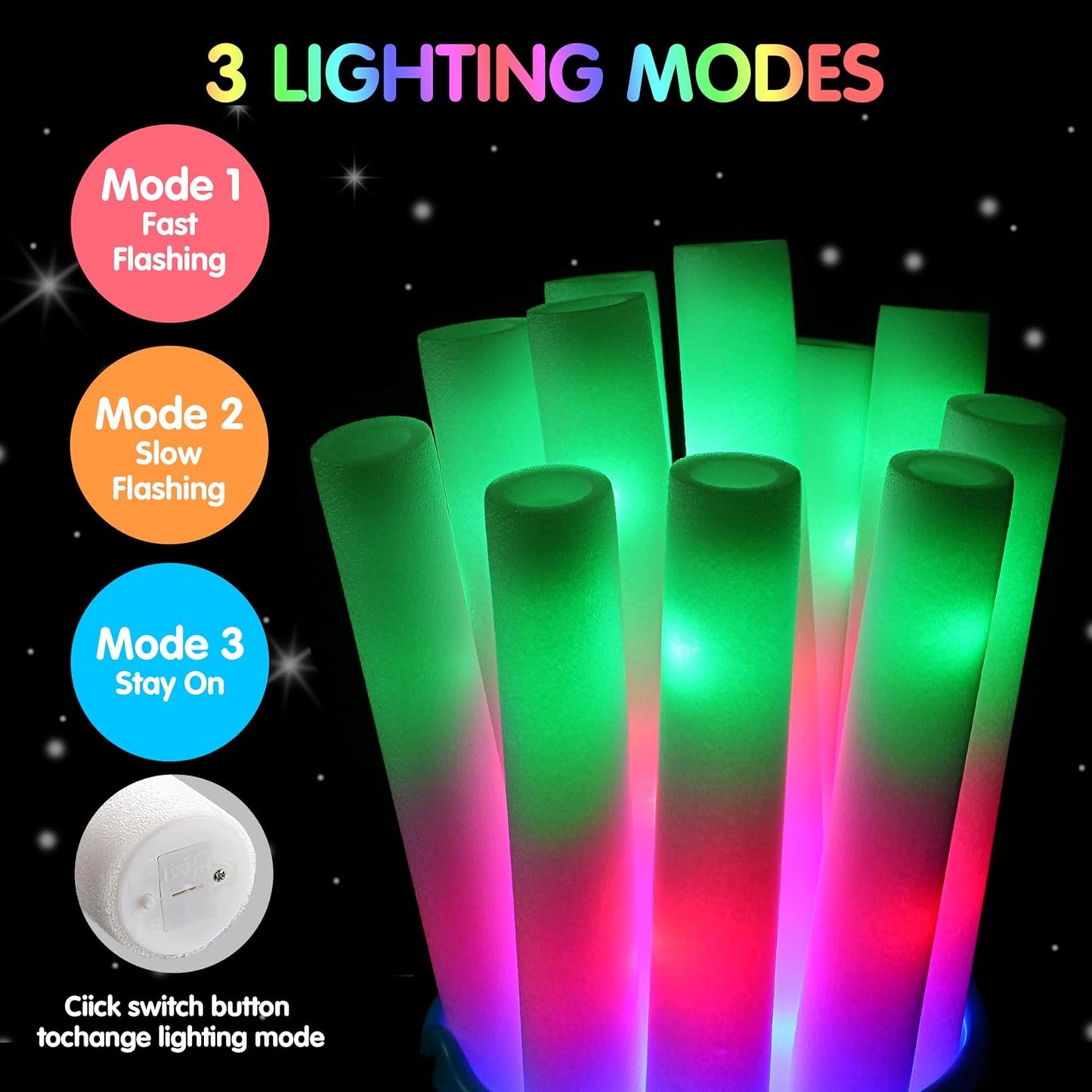 JOYIN 42 PCS LED Light Up Foam Sticks, Glow Sticks Party Favors Bulk with 3 Modes Color Flashing Glow Party Supplies for Halloween, Spooky Celebrations, Wedding, Camping, Birthday, Raves, Carnival