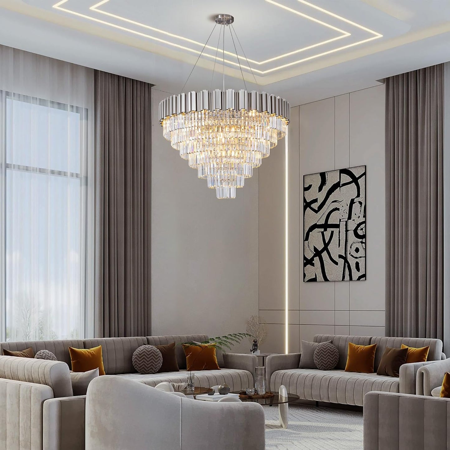 39" Silver Crystal Chandelier, 21-Light Modern Luxury Round Chandelier, 7-Tier Contemporary Tiered Chandeliers Light Fixture for Dining Room, Living Room, Bedroom, Foyer, Entryway, Kitchen