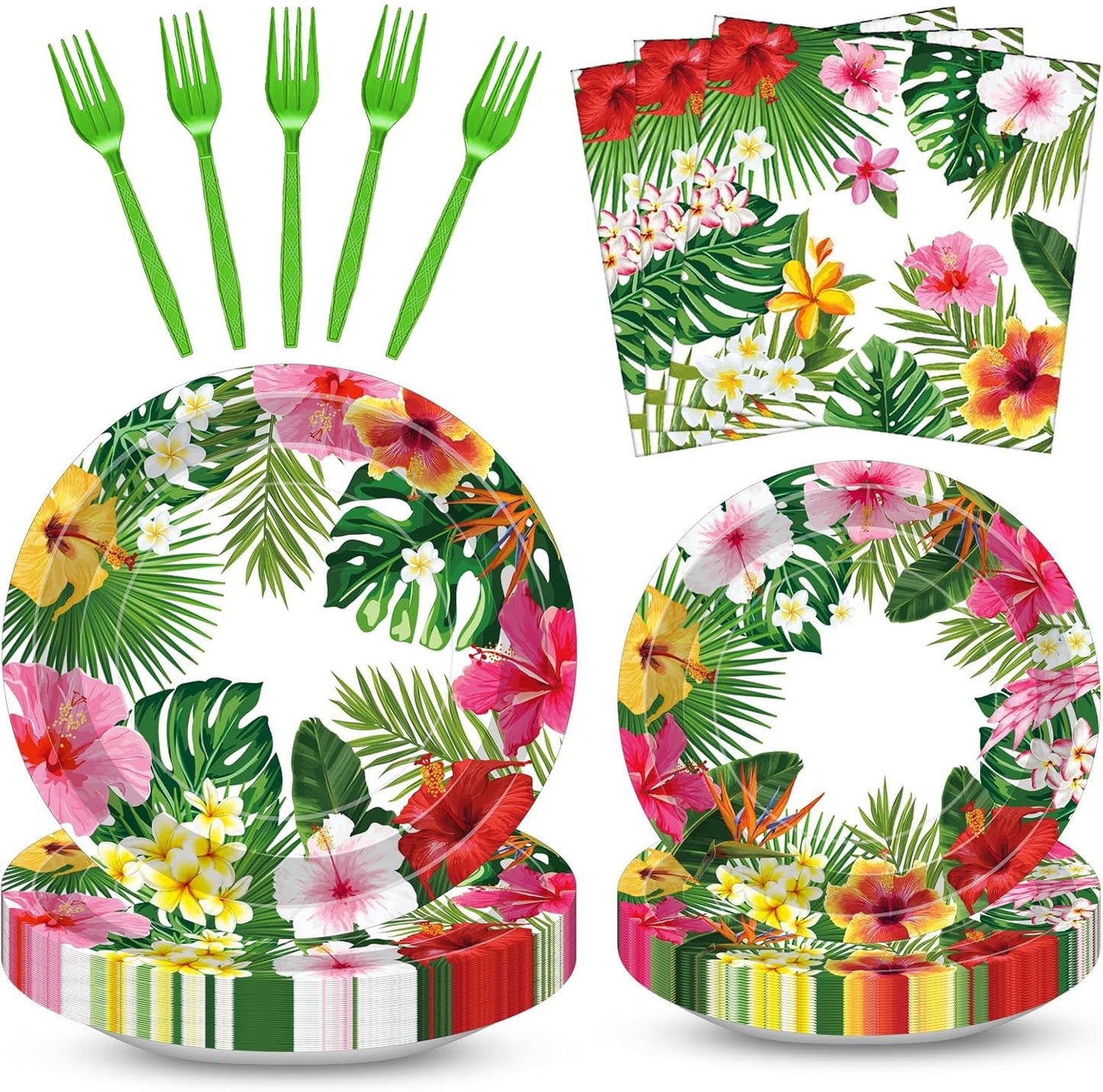 100 Pcs Tropical Luau Party Supplies Set, Serves 25 – Disposable Hibiscus Floral Paper Plates