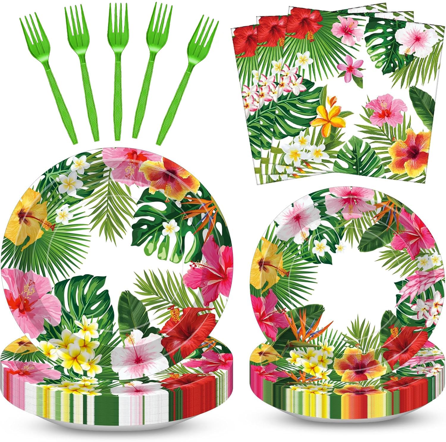 100 Pcs Tropical Luau Party Supplies Set, Serves 25 – Disposable Hibiscus Floral Paper Plates