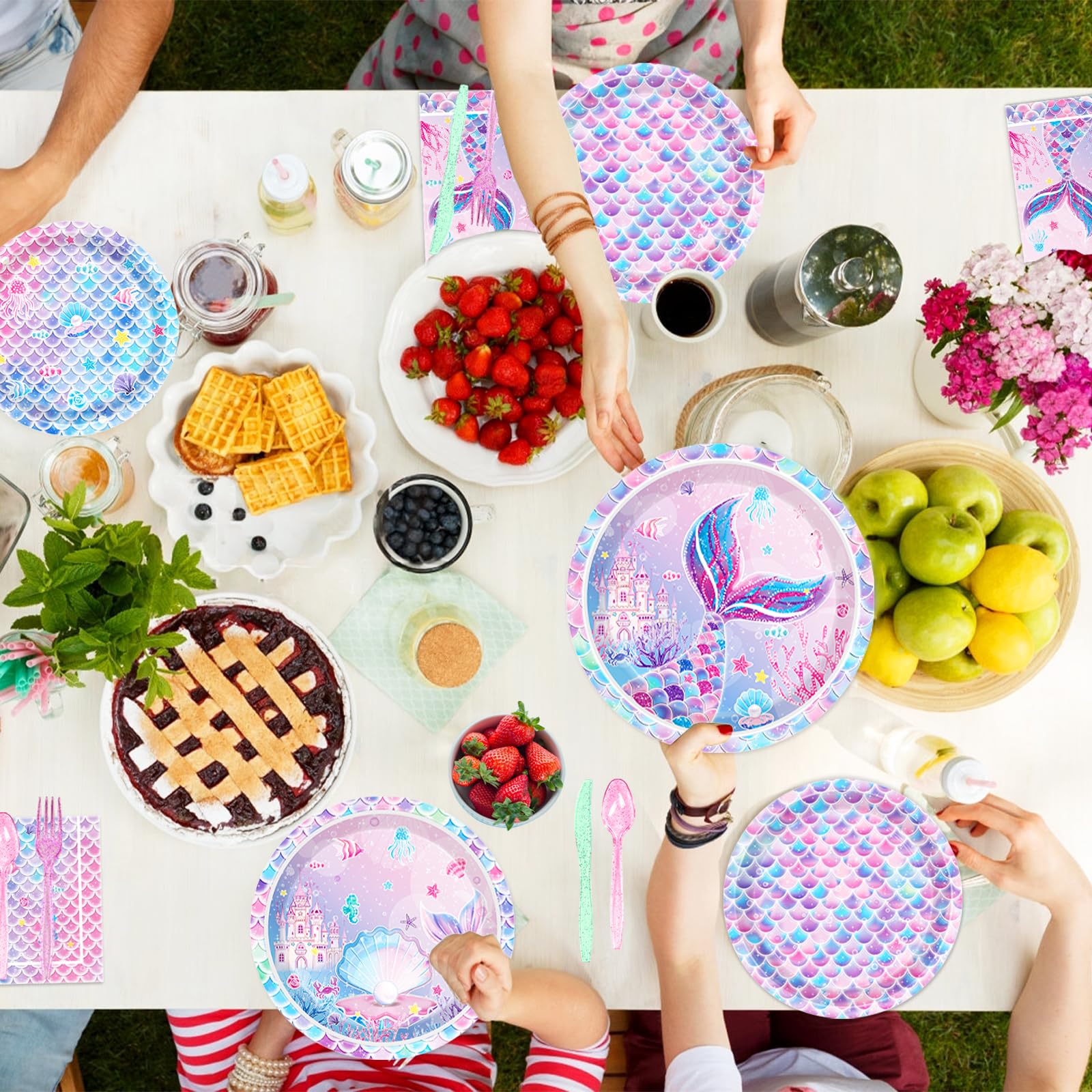 NKPDAXM Mermaid Birthday Decorations Include Plates, Napkins, Cups, Cutlery, Hanging Swirls