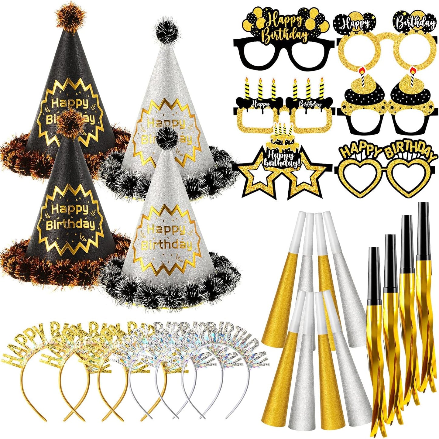Sratte 36 Pcs Black Gold Style Birthday Party Favors Set Happy Birthday Hat Headband Glasses Noise Makers Party Horns
