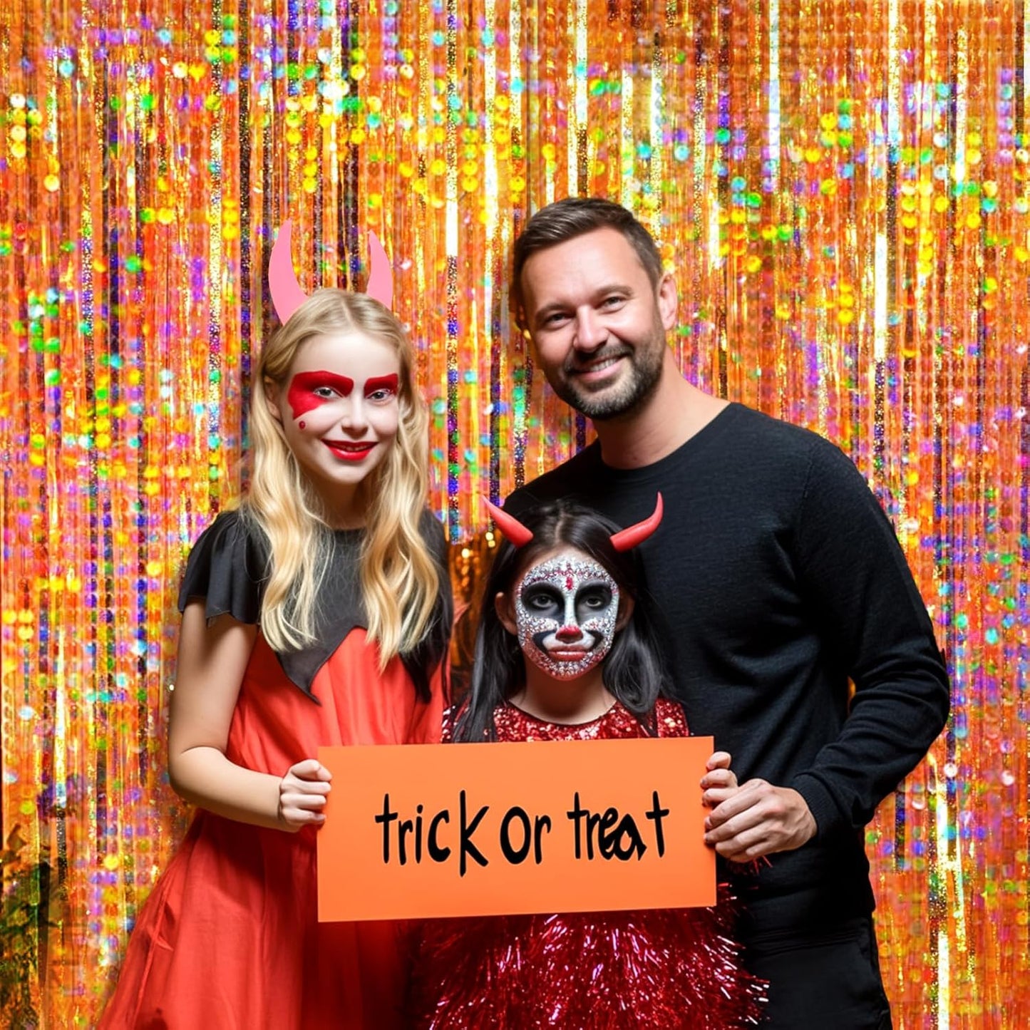 4 Packs Orange Foil Fringe Curtain, Orange Glitter Metallic Tinsel Backdrop for Birthday, Wedding, Baby Shower, Halloween, Thanksgiving, Friendsgiving, Fall Party Decorations Supplies