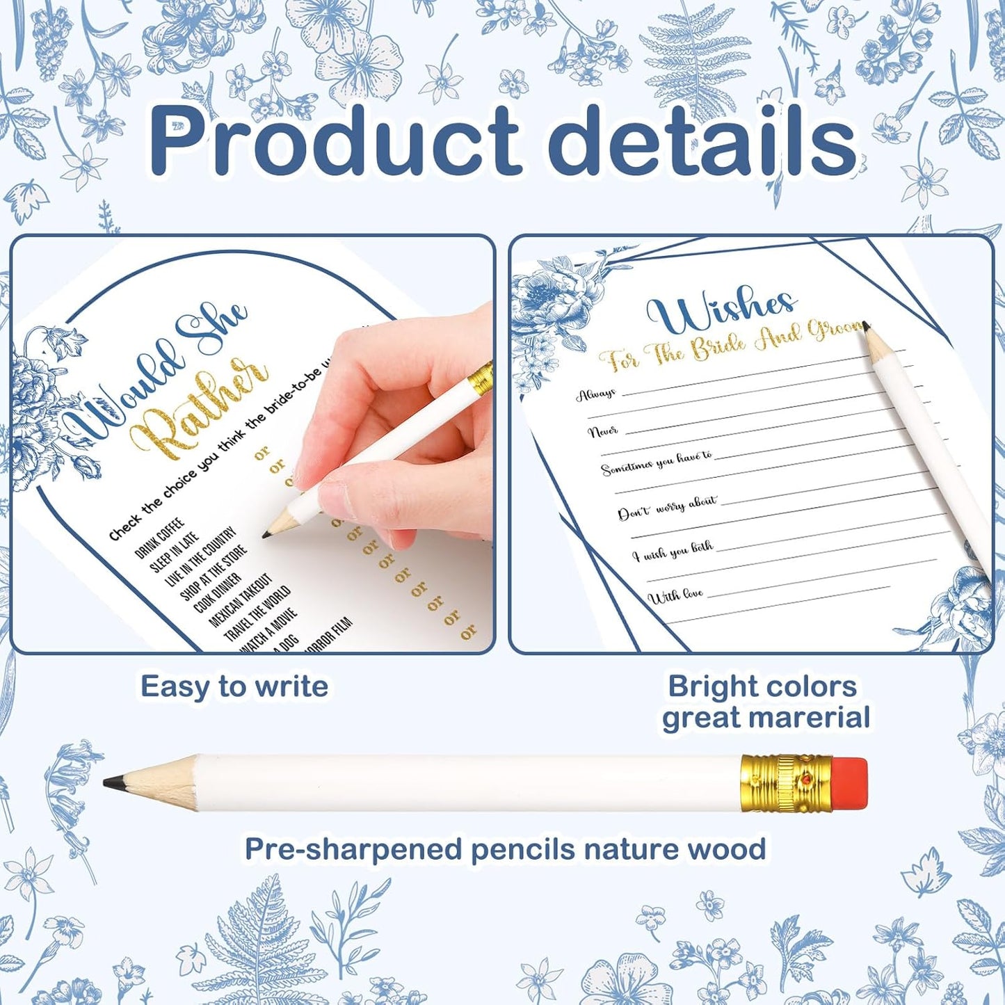 Teling 145 Pieces Bridal Shower Game Bridal Shower Favors Set Wedding Games Cards and Pencils for Bride Groom Bachelorette Party Wedding Party Favor (Blue Floral Style)