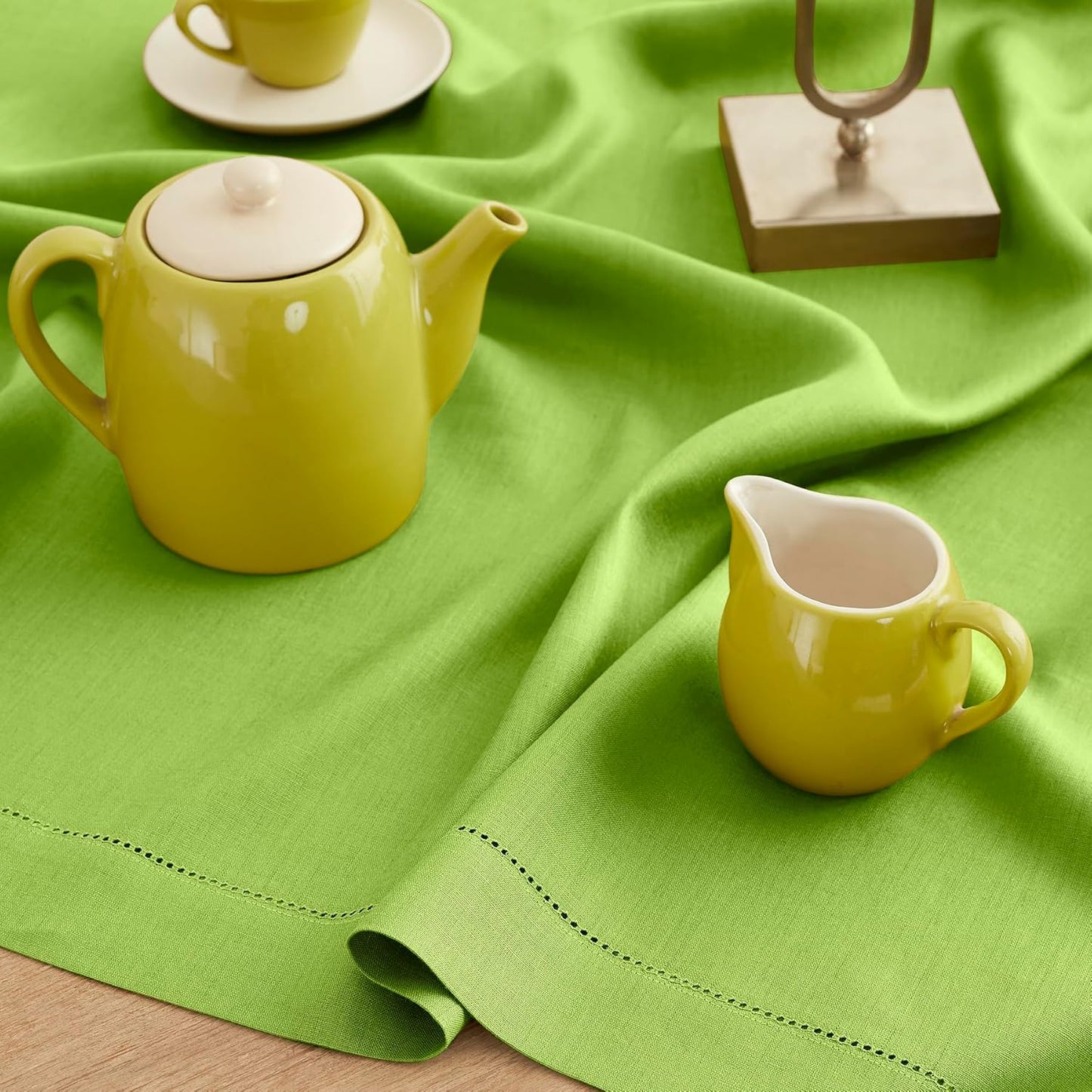 Solino Home Linen Tablecloth for Rectangle Tables 60 x 108 Inch - Classic Hemstitch 100% Pure Linen Lime Green Table Cloth - Machine Washable Cloth Tablecloth