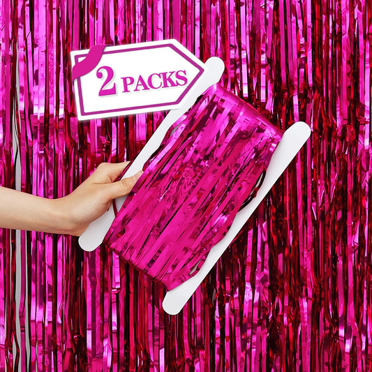 2 Pcs Hot Pink Metallic Tinsel Foil Fringe Curtains Backdrop, 3.28 ft x 6.56 ft Streamers for Birthday Wedding Engagement Bachelorette Party Photo Booth Bridal Shower Baby Shower Decorations Supplies