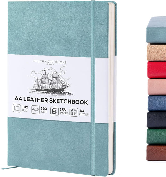 BEECHMORE BOOKS A4 Sketchbook ??8.5x11 Premium Vegan Leather Bound Large Sketch Book Hardcover With 156 Thick 160gsm Perforated Ivory Pages, Blank Sketch Pad, Gift Boxed, Back Pocket, Ribbon Bookmark