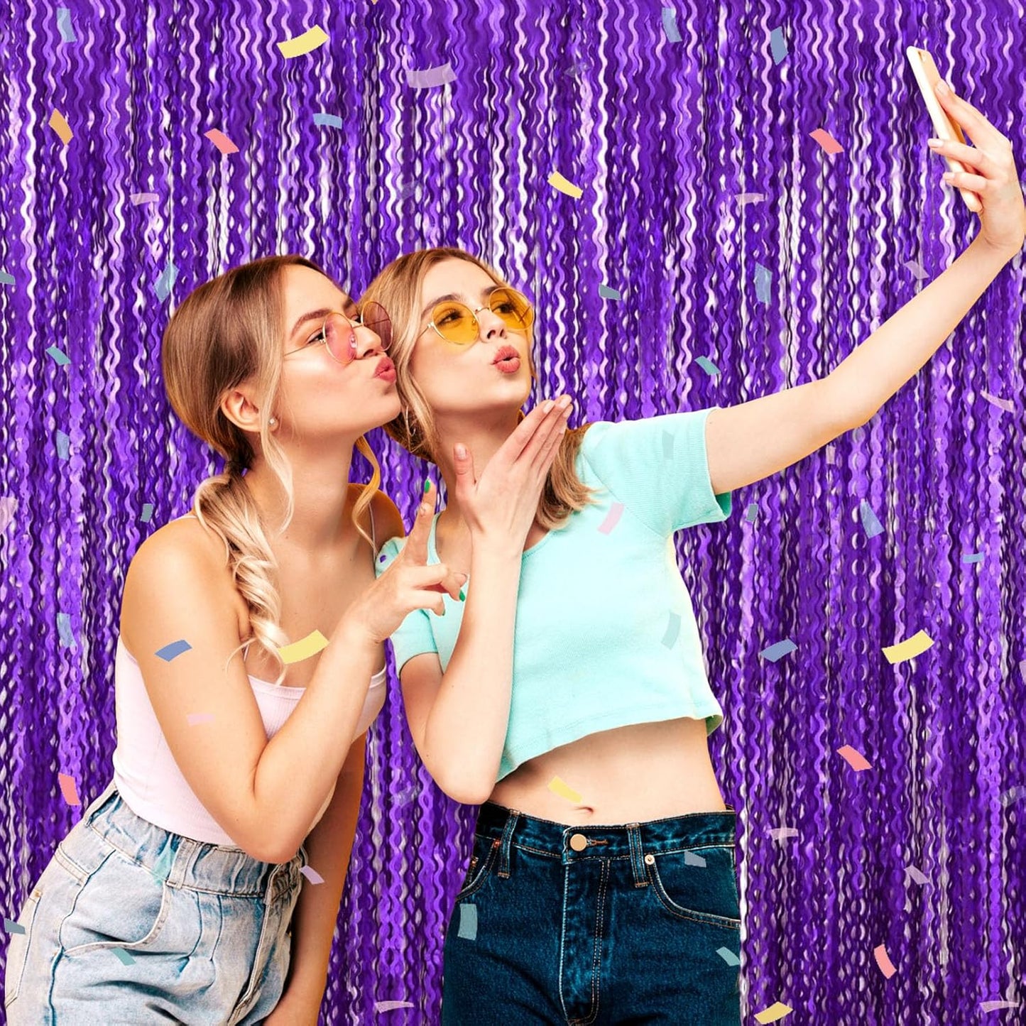 4 Pack Purple Wave Foil Fringe Curtain Backdrop, 3.28Ft x 8.2Ft Metallic Tinsel Foil Fringe Streamer Curtains for Photo Booth, Mother's Day, Easter, Birthday, Wedding Party Decoration