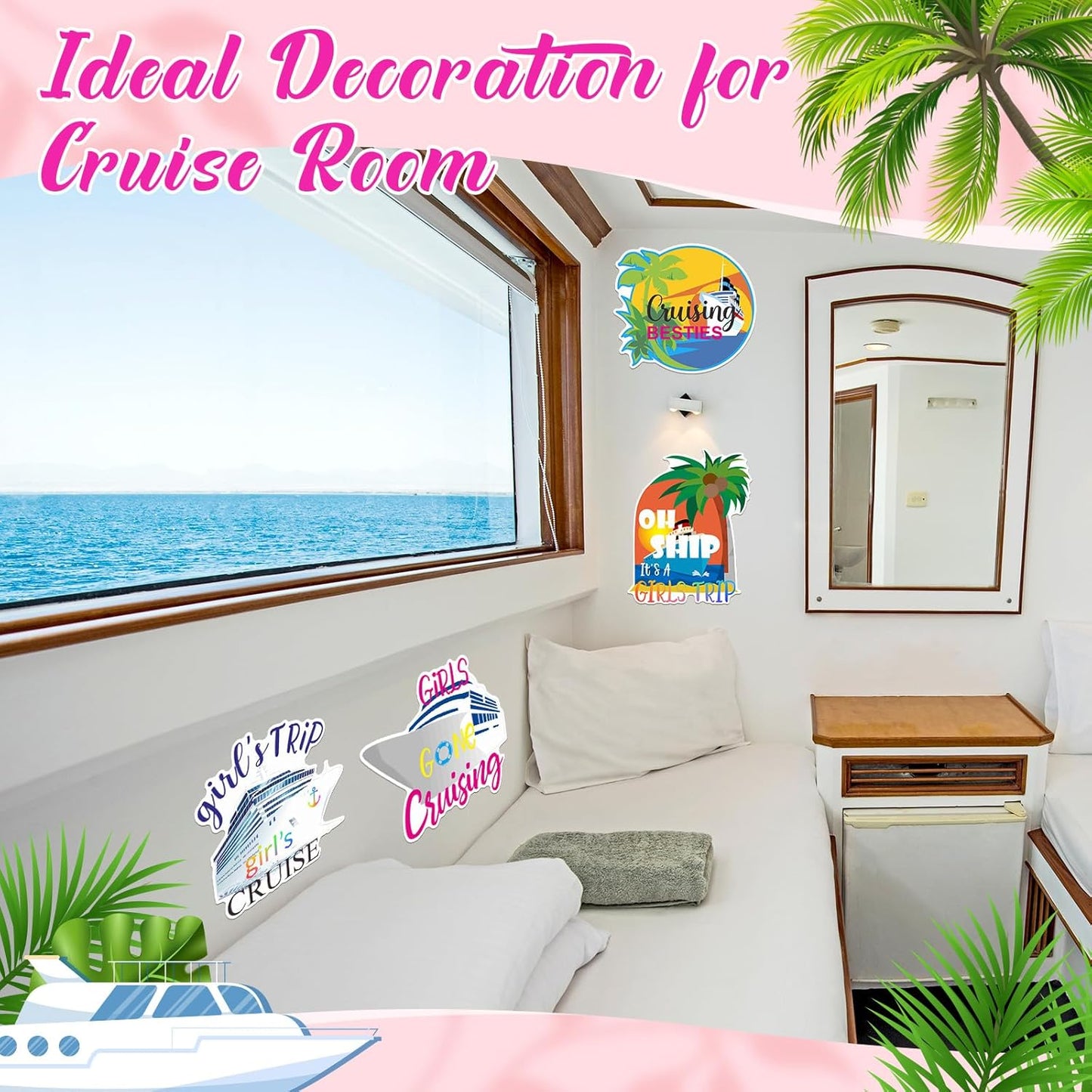 Hoteam 4 Pcs Girls Trip Cruise Door Decorations Magnetic Large Girls Cruise Ship Door Magnets Funny Waterproof Nautical Magnets for Carnival Cabin Stateroom Fridge Car