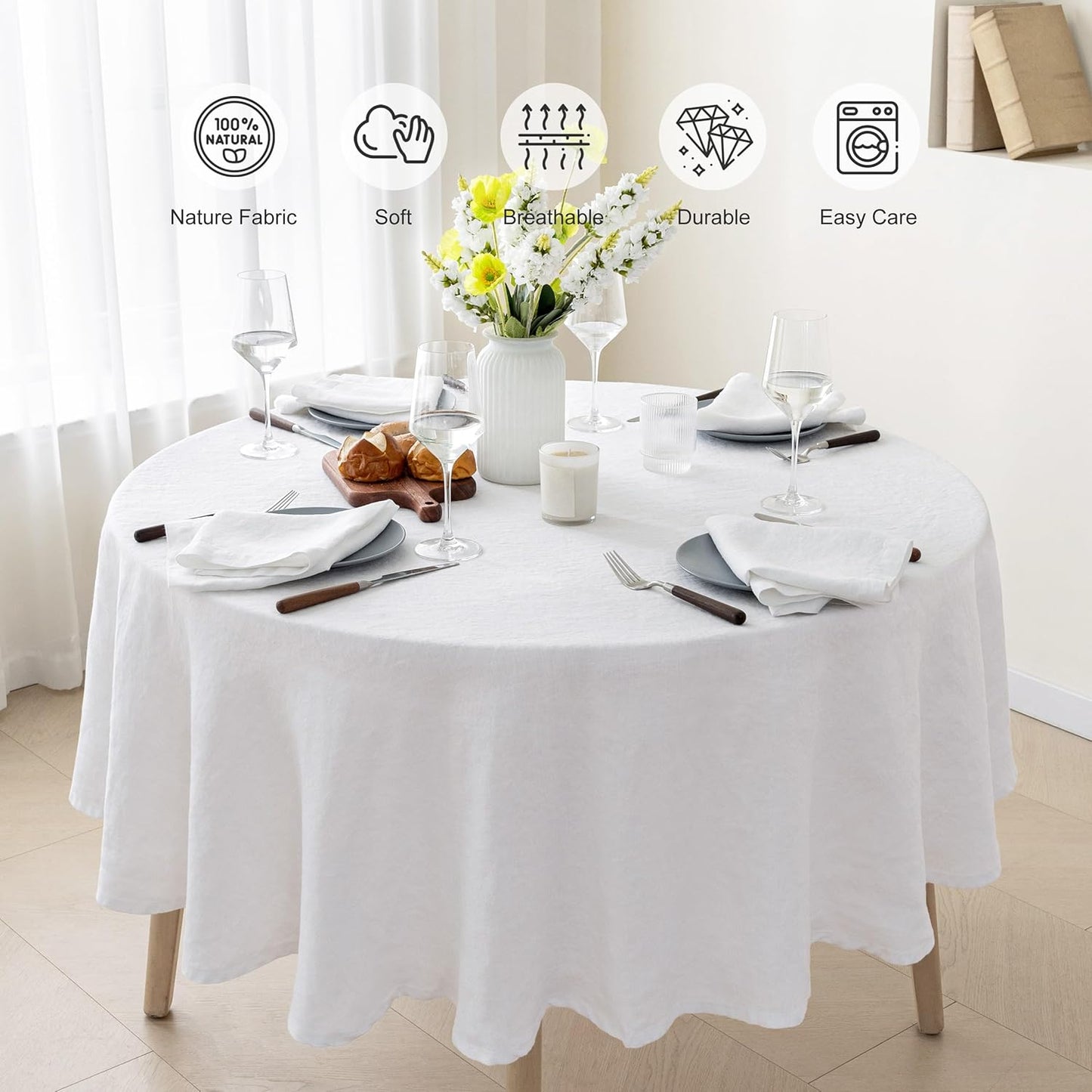 100% Pure French Linen Tablecloths,90Inches Round Table Clothes for Dining,Parties,Picnic,Events,Weddings and Restaurants (RO-White, Round - 90 Inch Dia)