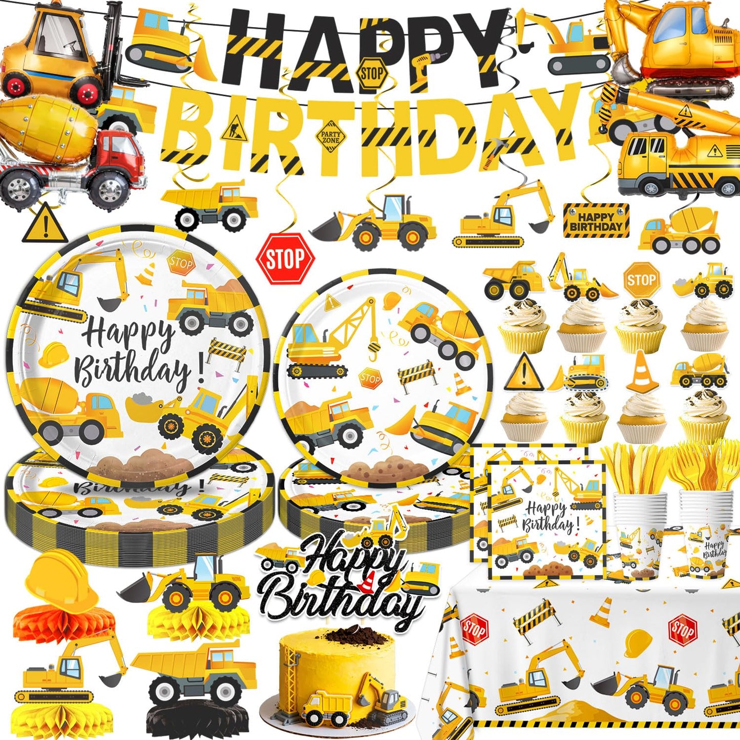 Construction Birthday Party Supplies - Plates, Napkins, Cups, Cutlery, Banner, Hanging Swirls