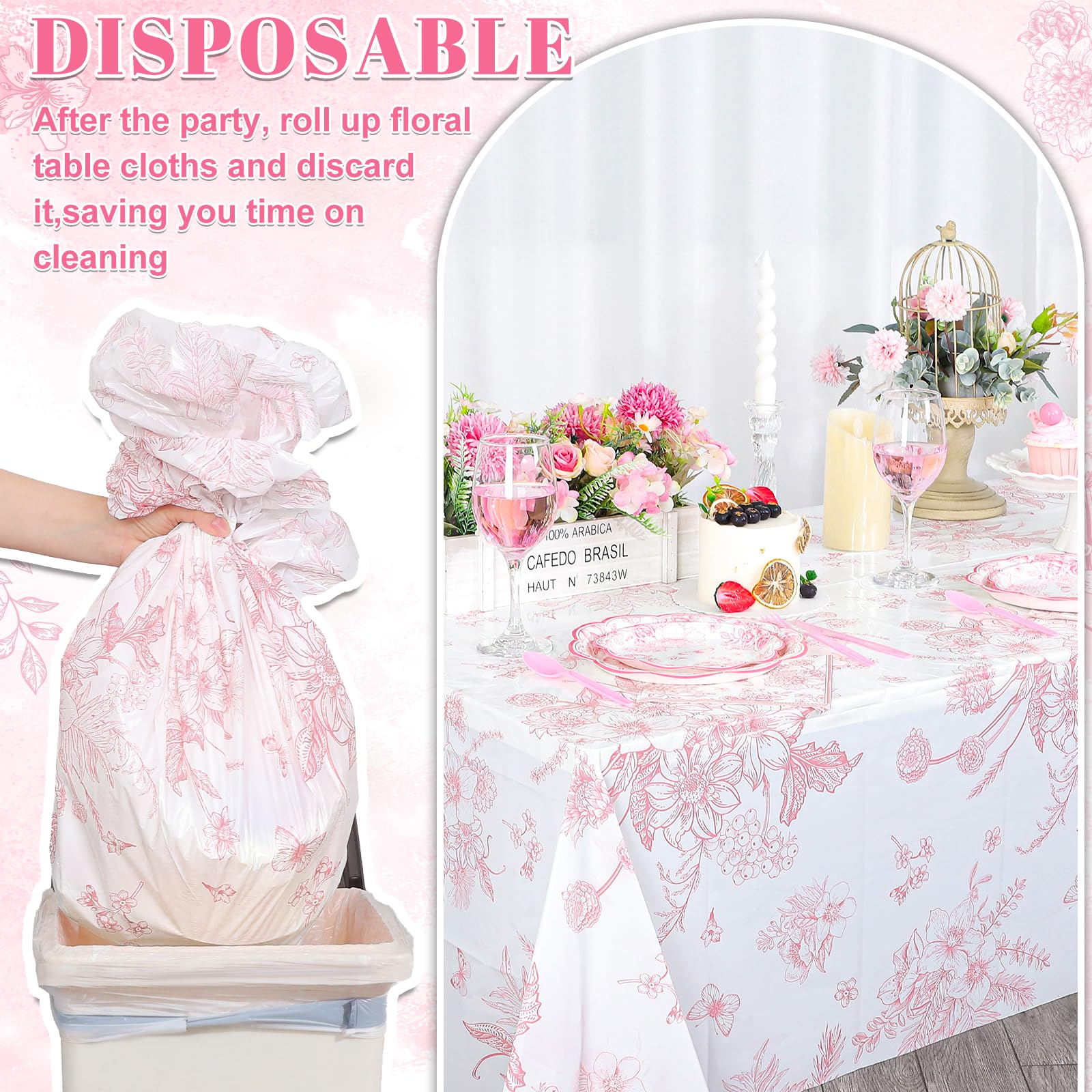 3 Pcs Pink Floral Plastic Tablecloths, Disposable Wedding Table Cloth