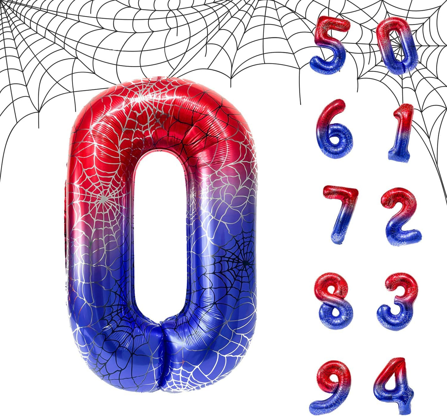 Spider Web 40Inch Foil Number Balloons Set 0-9 Includes Inflation Straws - Giant Decor for Birthdays, Anniversary Party Arch Supplies (Spider, Number 0)