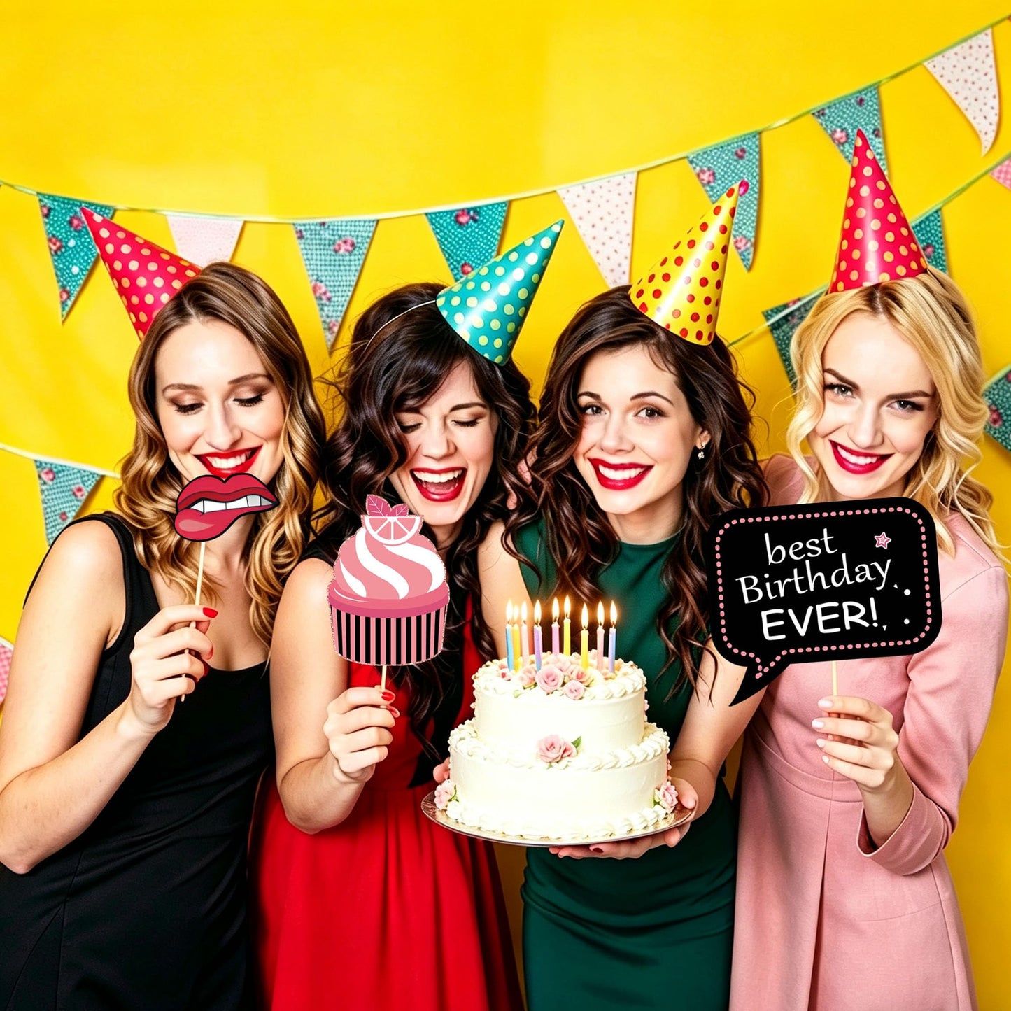 30 Pcs Hot Pink Birthday Photo Booth Props Kit for Girls, Happy Birthday Party Favors Supplies with