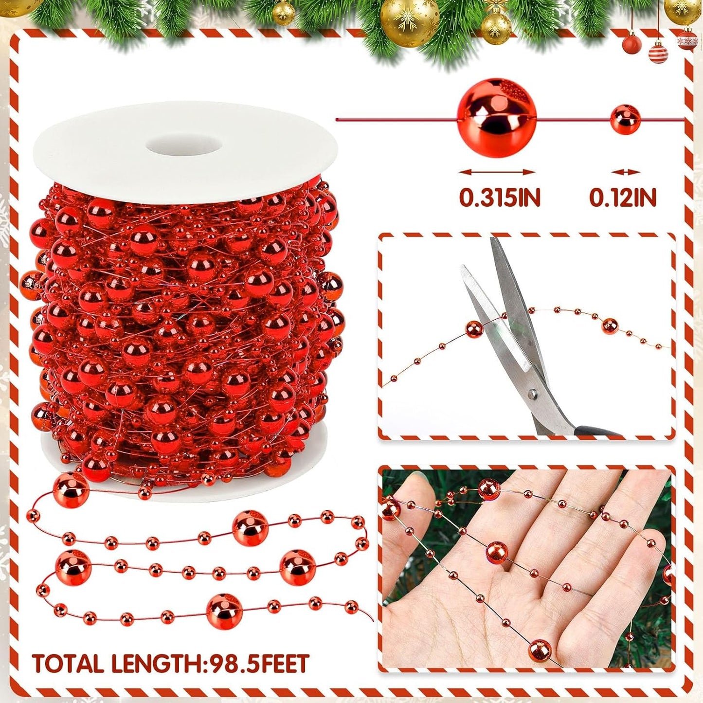 JULBEAR Beads Garland Decoration, 1Rolls 131Feet Red Christmas Pearl Strands Chain Bead Garland for Christmas Tree Fireplace Wreath Gift Bouquet Crafts Wrapping Wedding Party Centerpieces Decoration