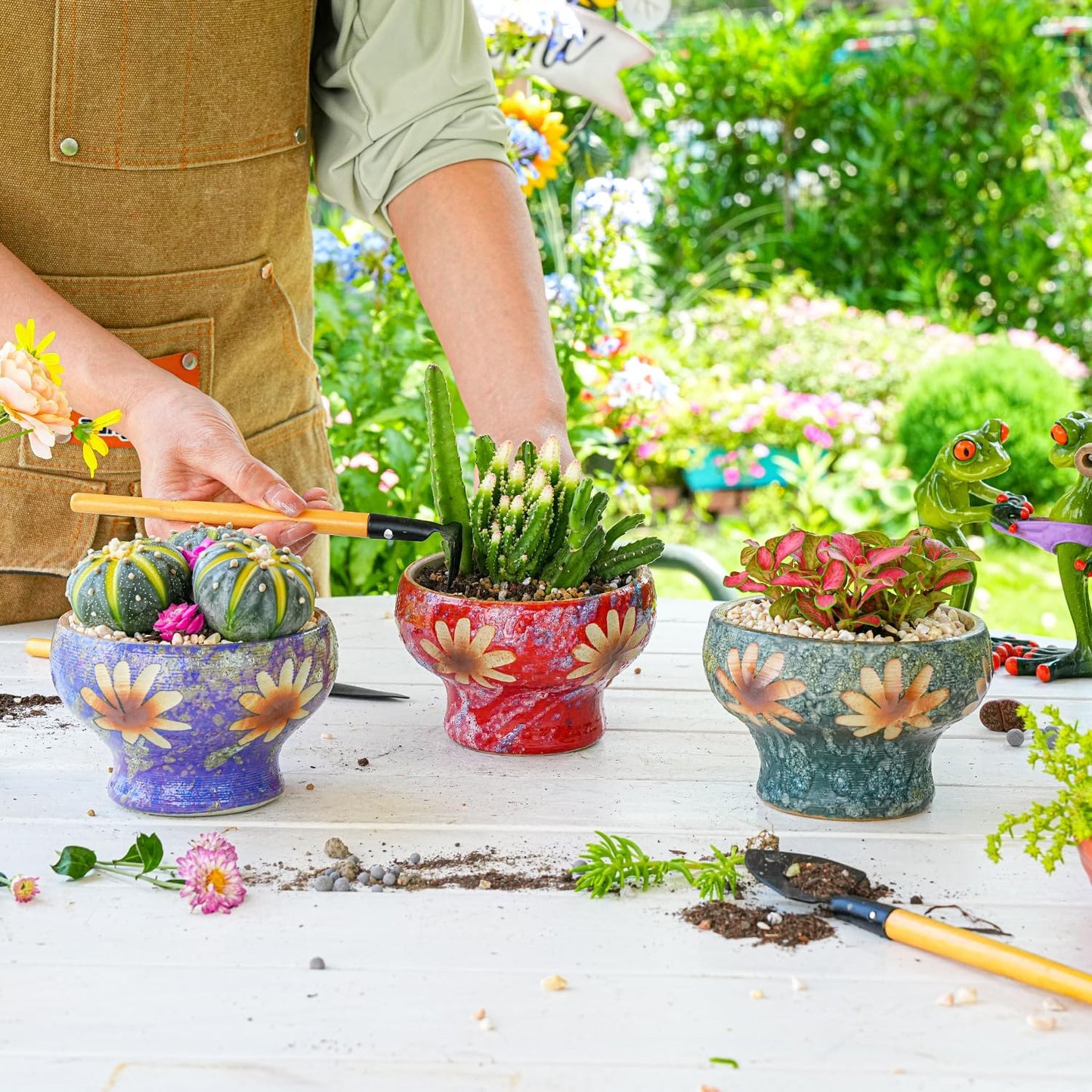 Sungmor Small Succulent Planters Set of 3, Beautiful Hand Crafted Ceramic Plant Pots Cute Cactus Pot, 4.9 Inch Flower Pots for Indoor Plants with Drainage, Desktop Windowsill Home Office Decor Pots